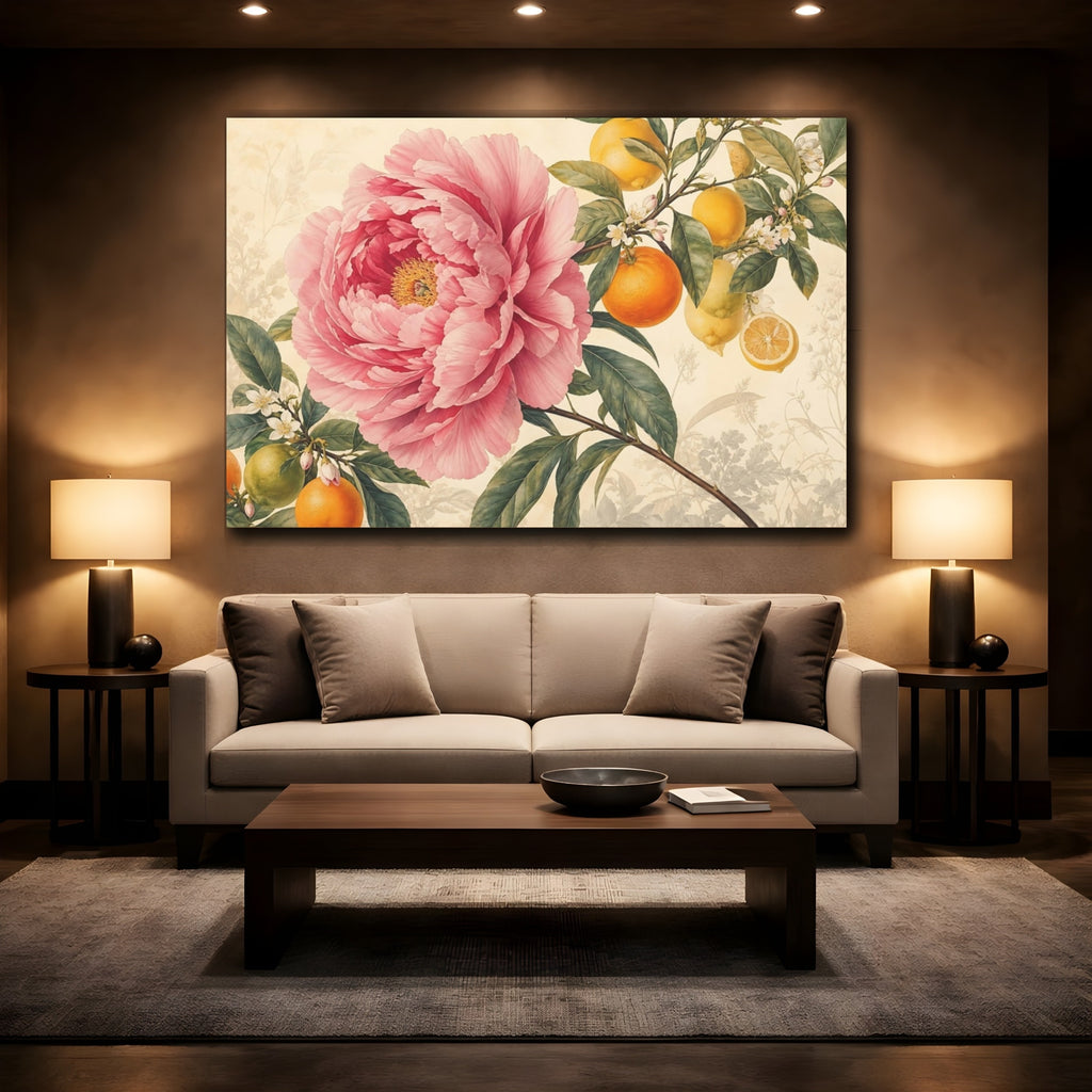 Mockup 2. Floral Pink Peony Pink Floral Citrus shown as stretched canvas wall art