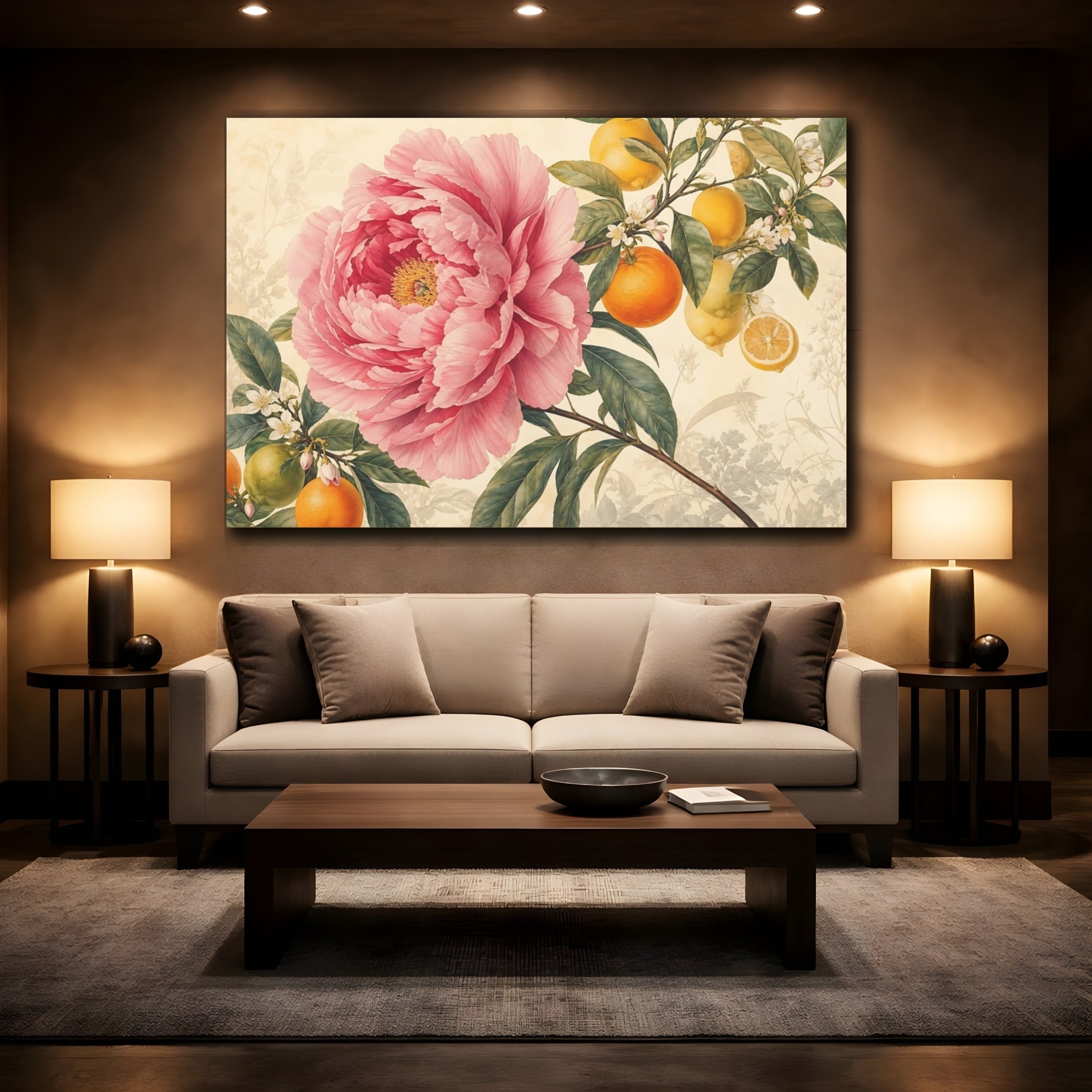 Mockup 2. Floral Pink Peony Pink Floral Citrus shown as stretched canvas wall art