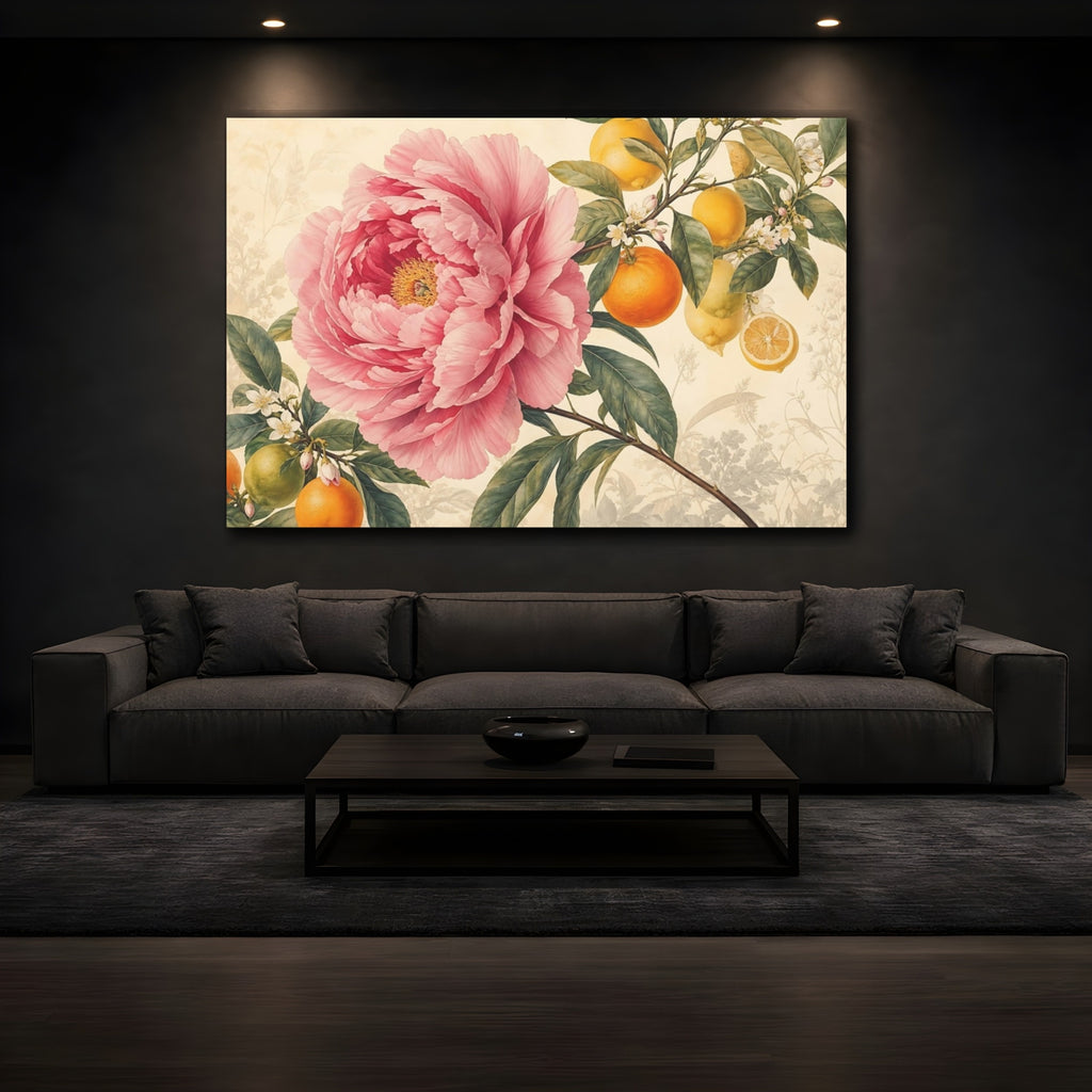 Mockup 3. Floral Pink Peony Pink Floral Citrus shown as stretched canvas wall art