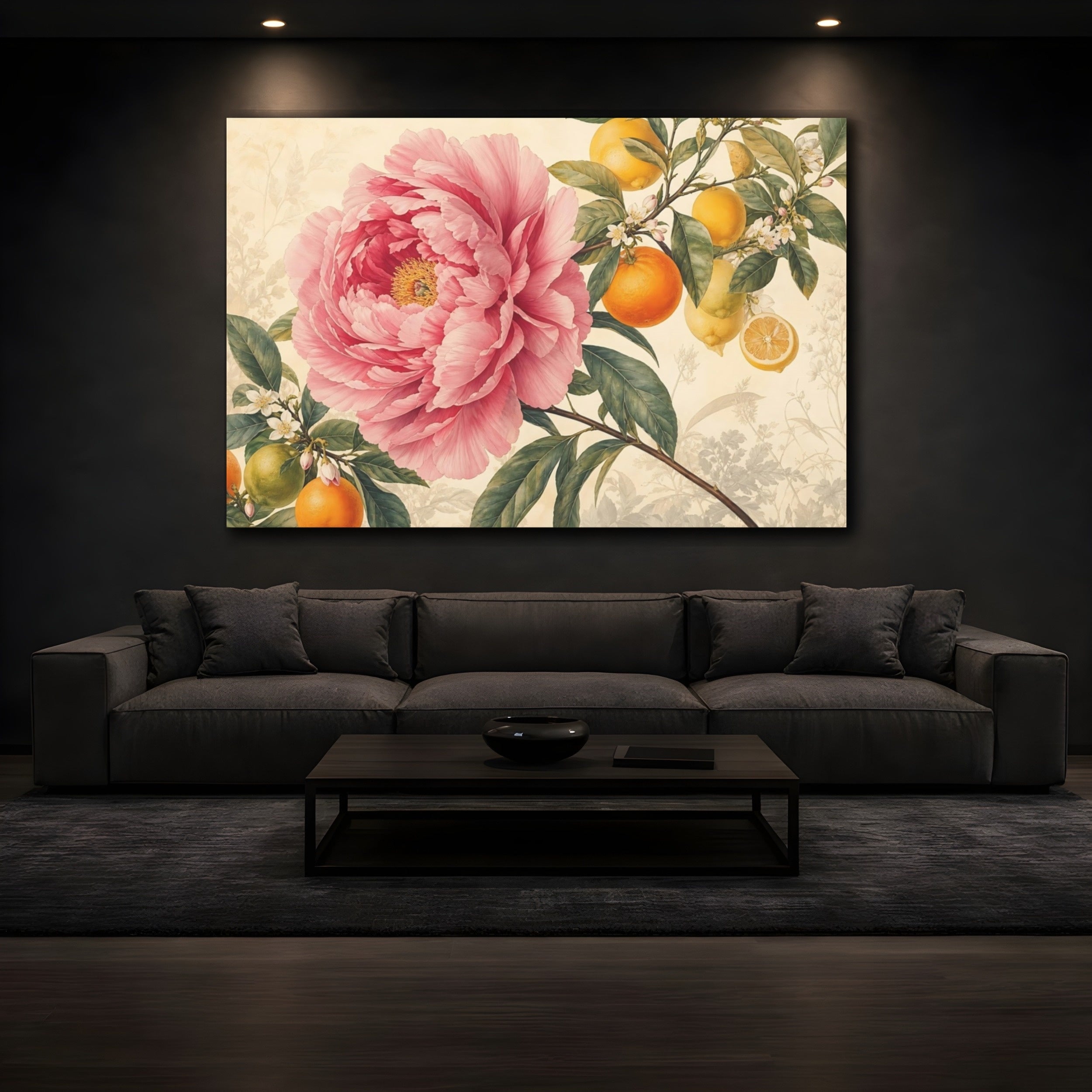 Mockup 3. Floral Pink Peony Pink Floral Citrus shown as stretched canvas wall art
