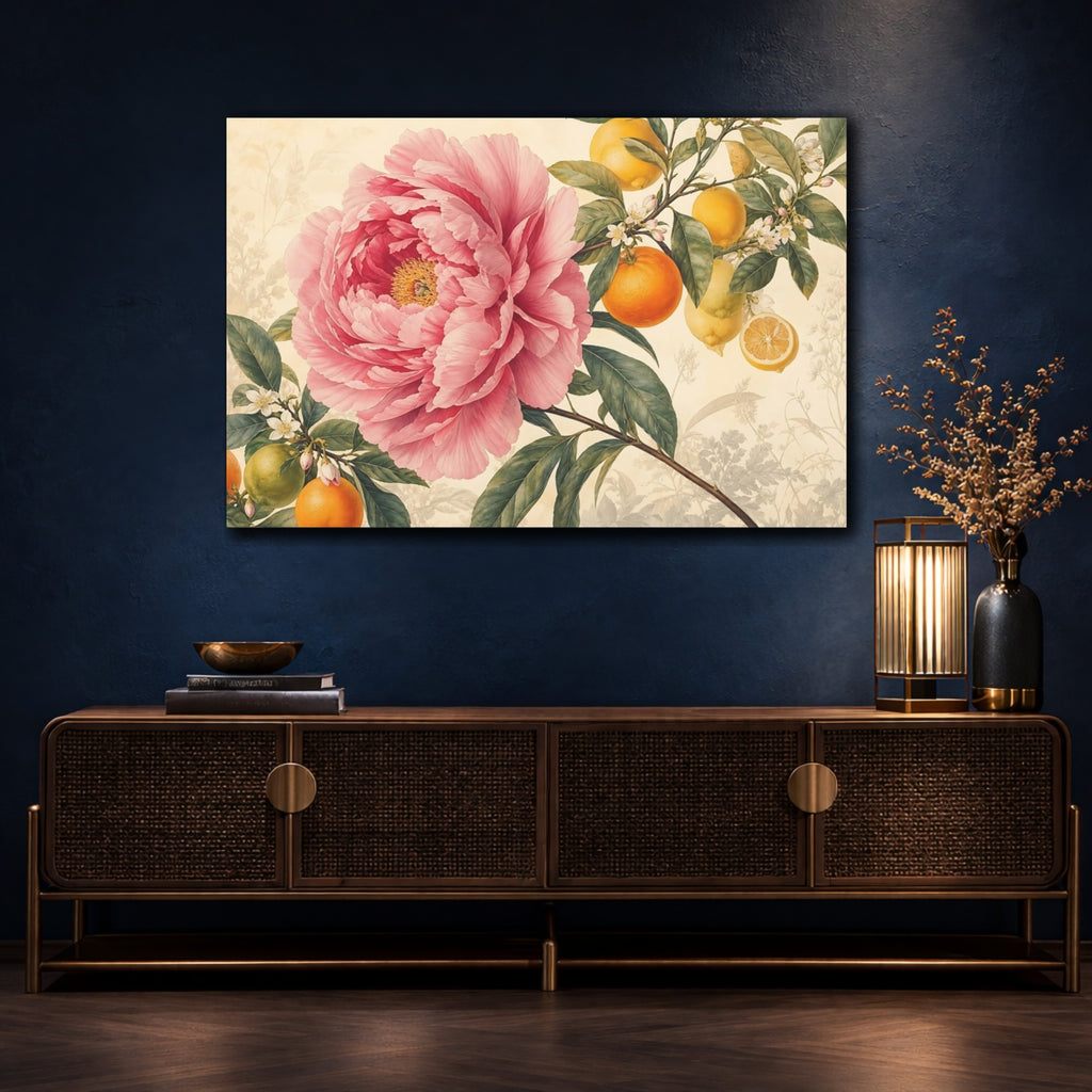 Mockup 4. Floral Pink Peony Pink Floral Citrus shown as stretched canvas wall art