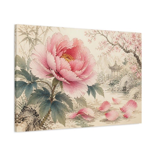 Main Mockup. Floral Pink Peony Pink Floral Landscape shown as stretched canvas wall art