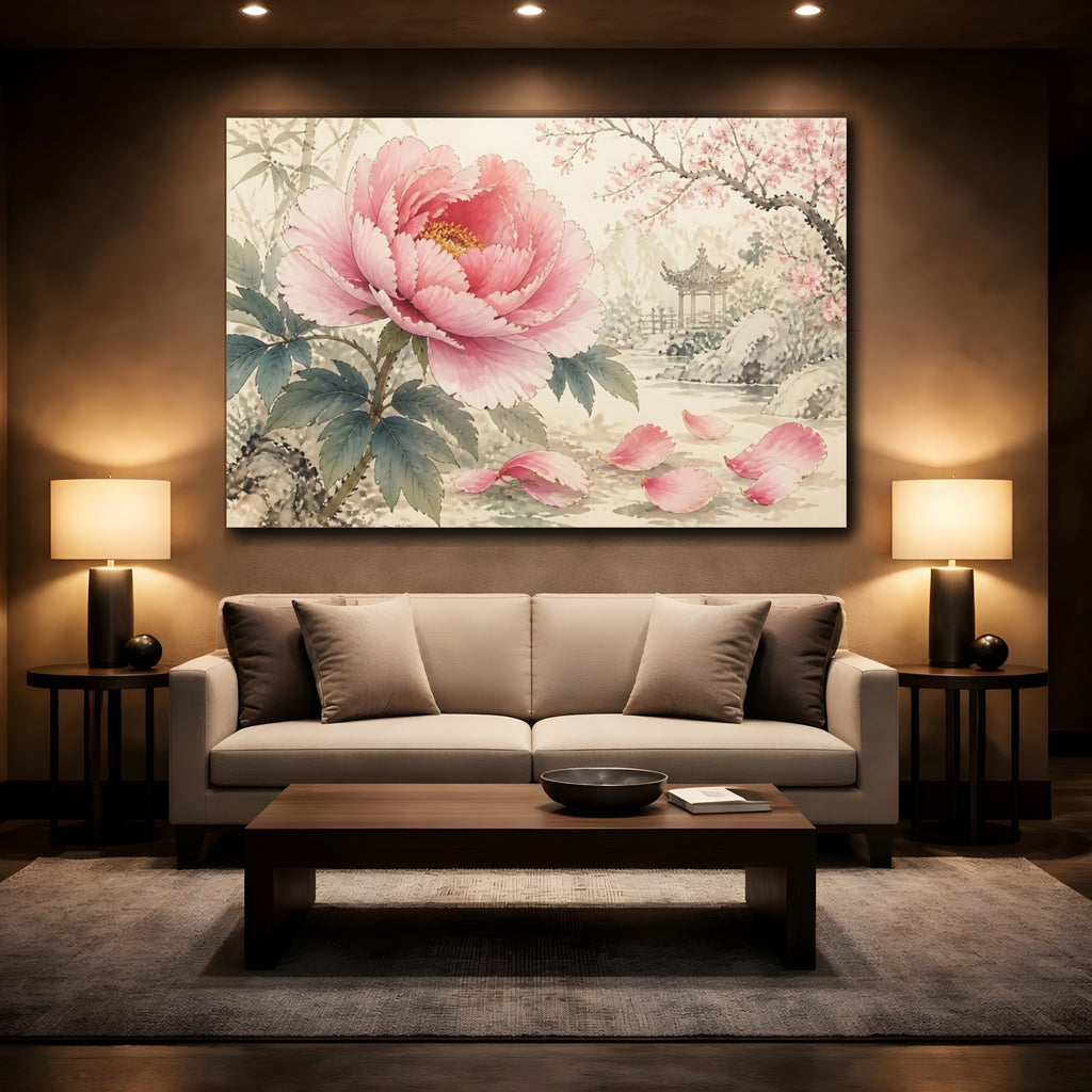 Mockup 2. Floral Pink Peony Pink Floral Landscape shown as stretched canvas wall art