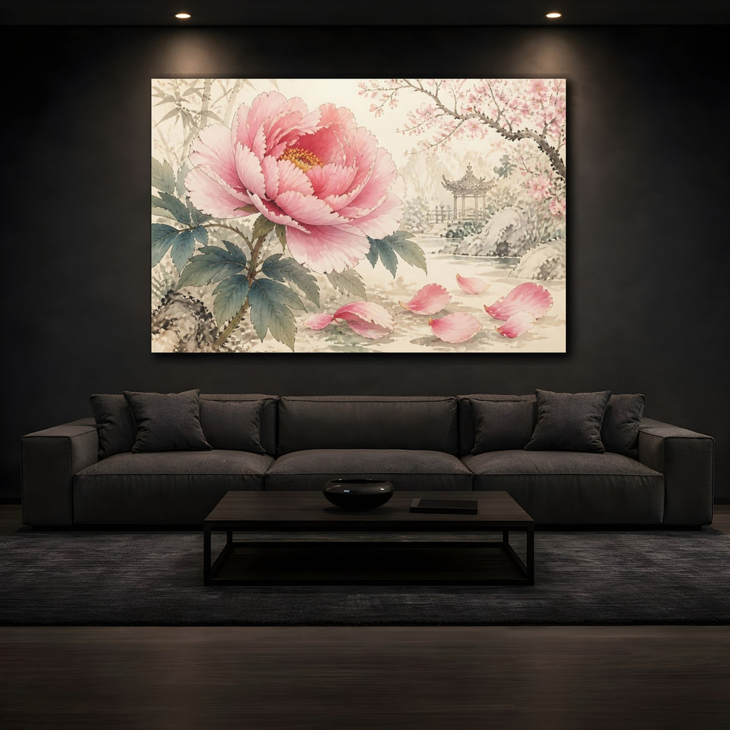 Mockup 3. Floral Pink Peony Pink Floral Landscape shown as stretched canvas wall art