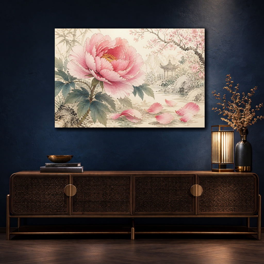 Mockup 4. Floral Pink Peony Pink Floral Landscape shown as stretched canvas wall art