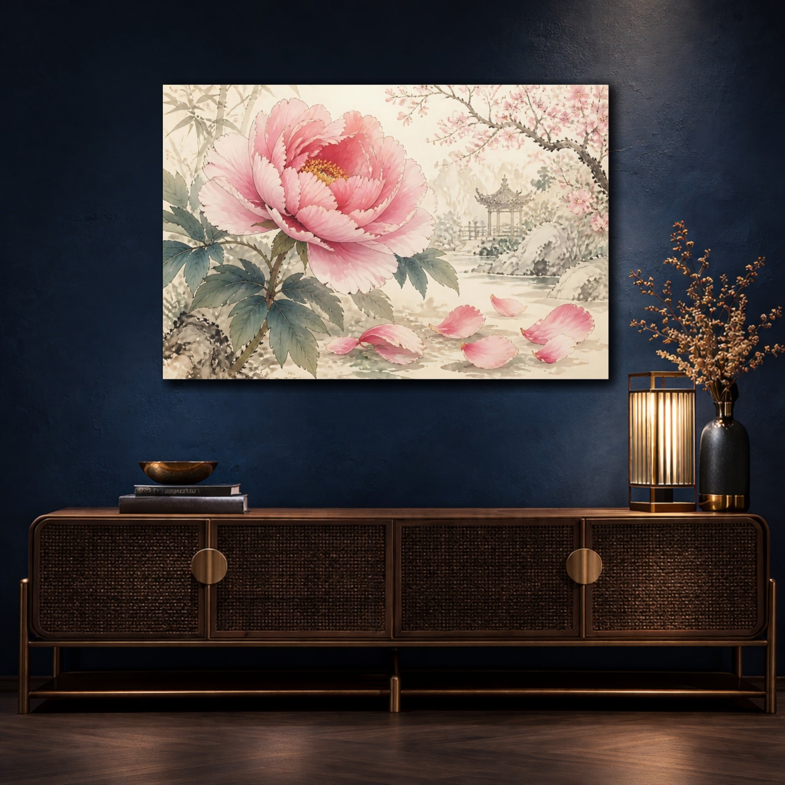 Mockup 4. Floral Pink Peony Pink Floral Landscape shown as stretched canvas wall art