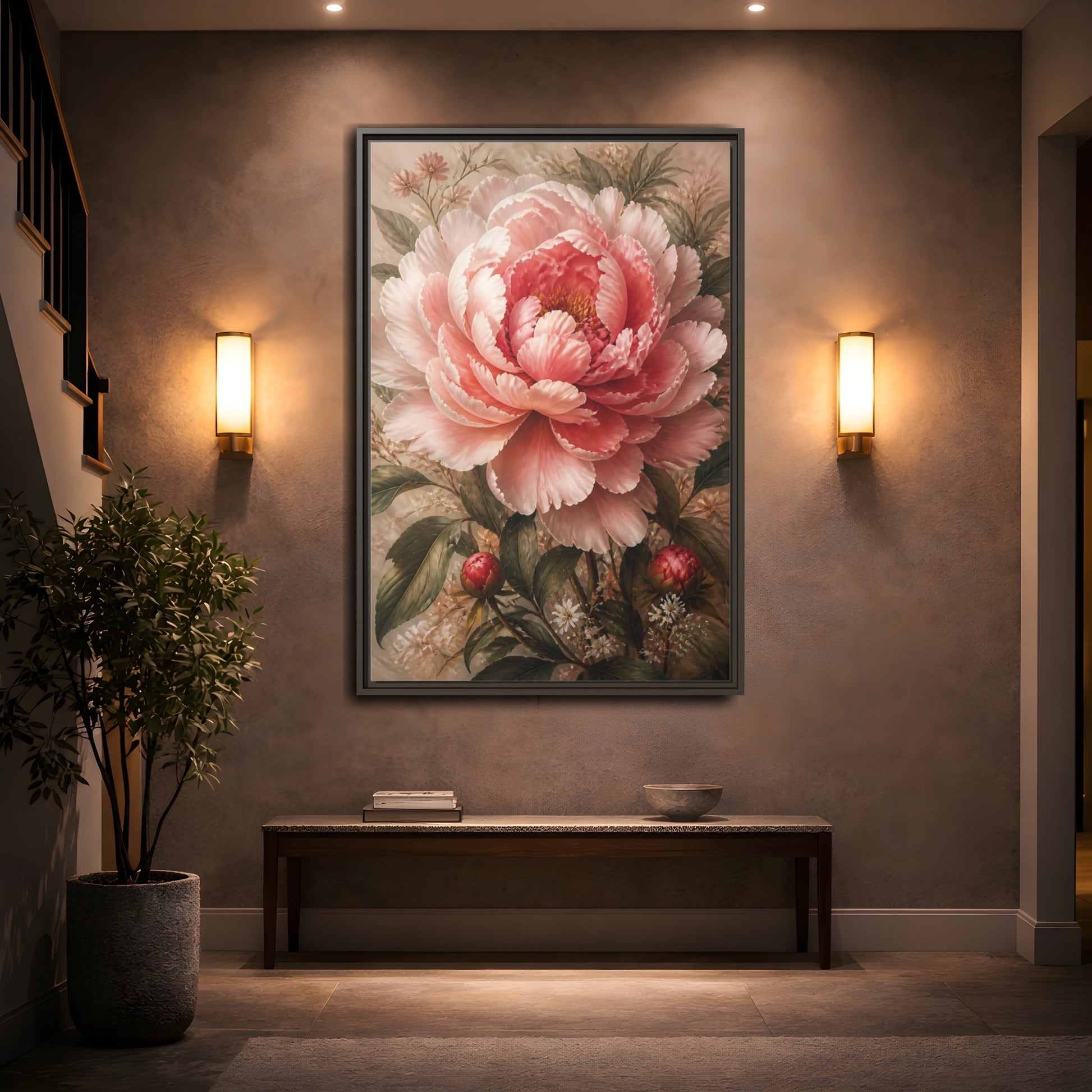 Floral Pink Peony Art Framed Canvas Wall Art - Living Room Above Sofa shown as canvas wall art