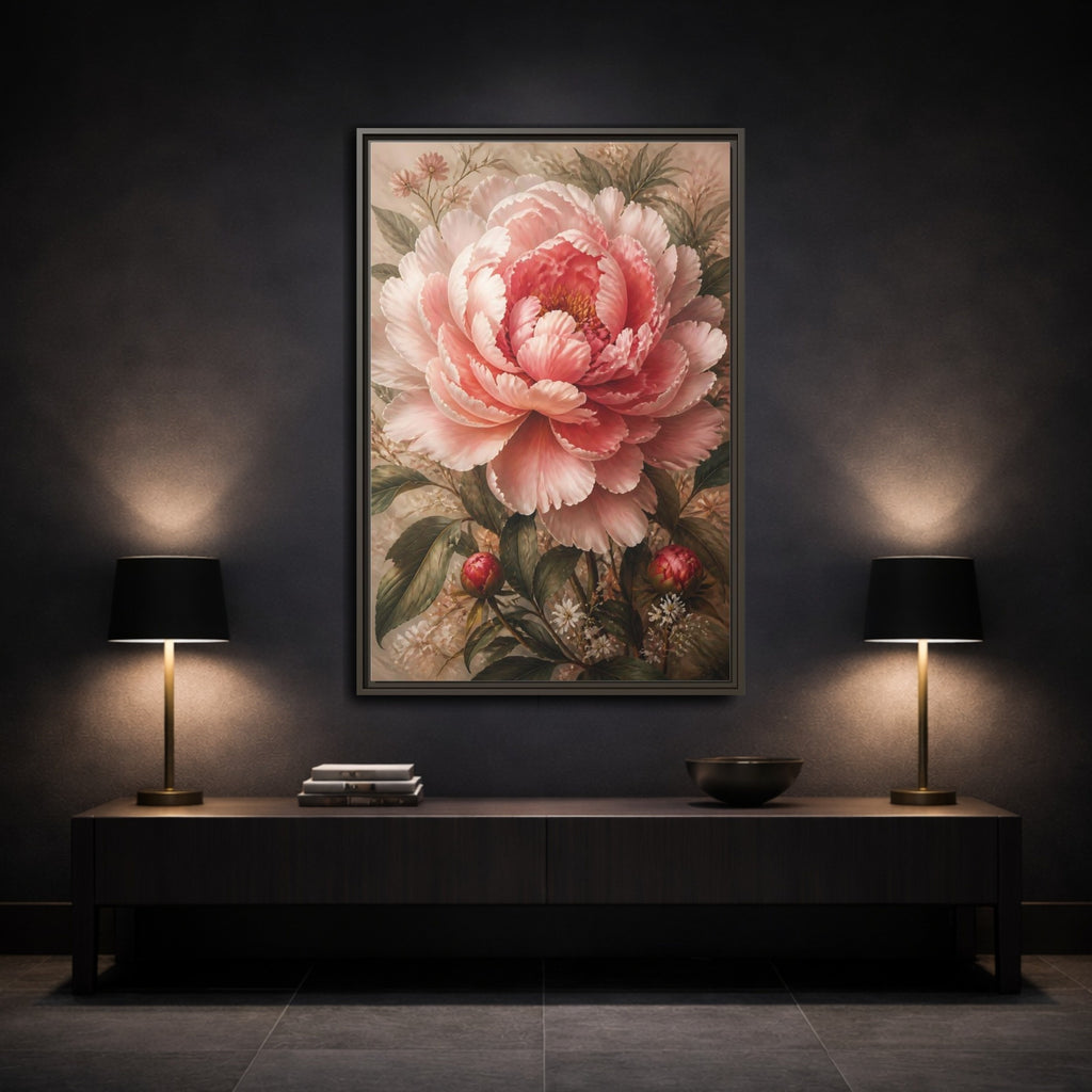 Mockup 3. Floral Pink Peony Pink Peony Art shown as stretched canvas wall art