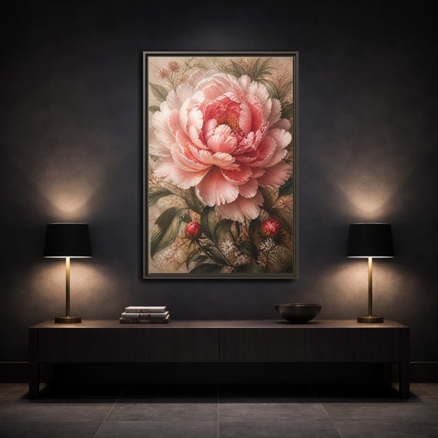 Floral Pink Peony Art Framed Canvas Wall Art - Living Room Above Sofa shown as canvas wall art