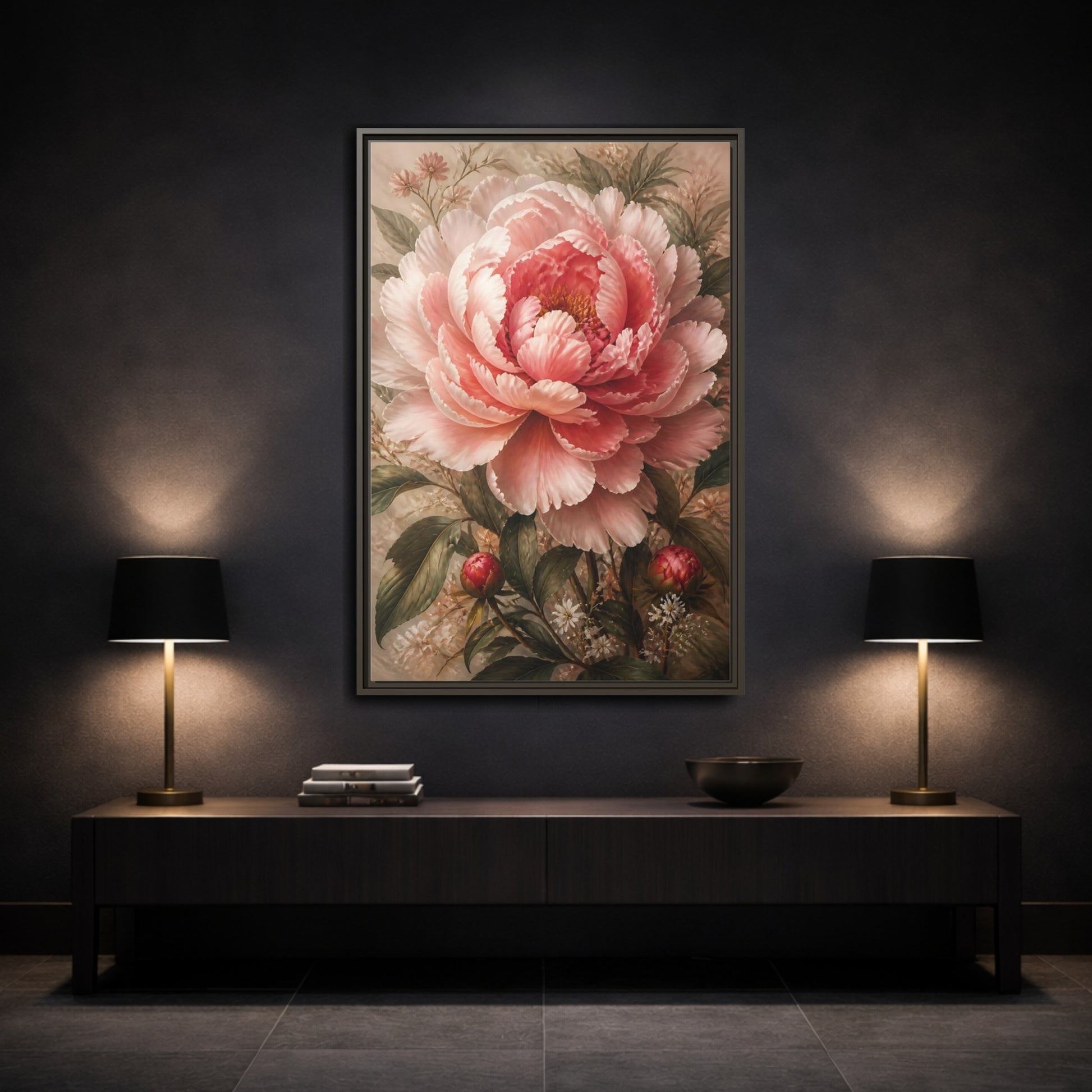Floral Pink Peony Art Framed Canvas Wall Art - Living Room Above Sofa shown as canvas wall art
