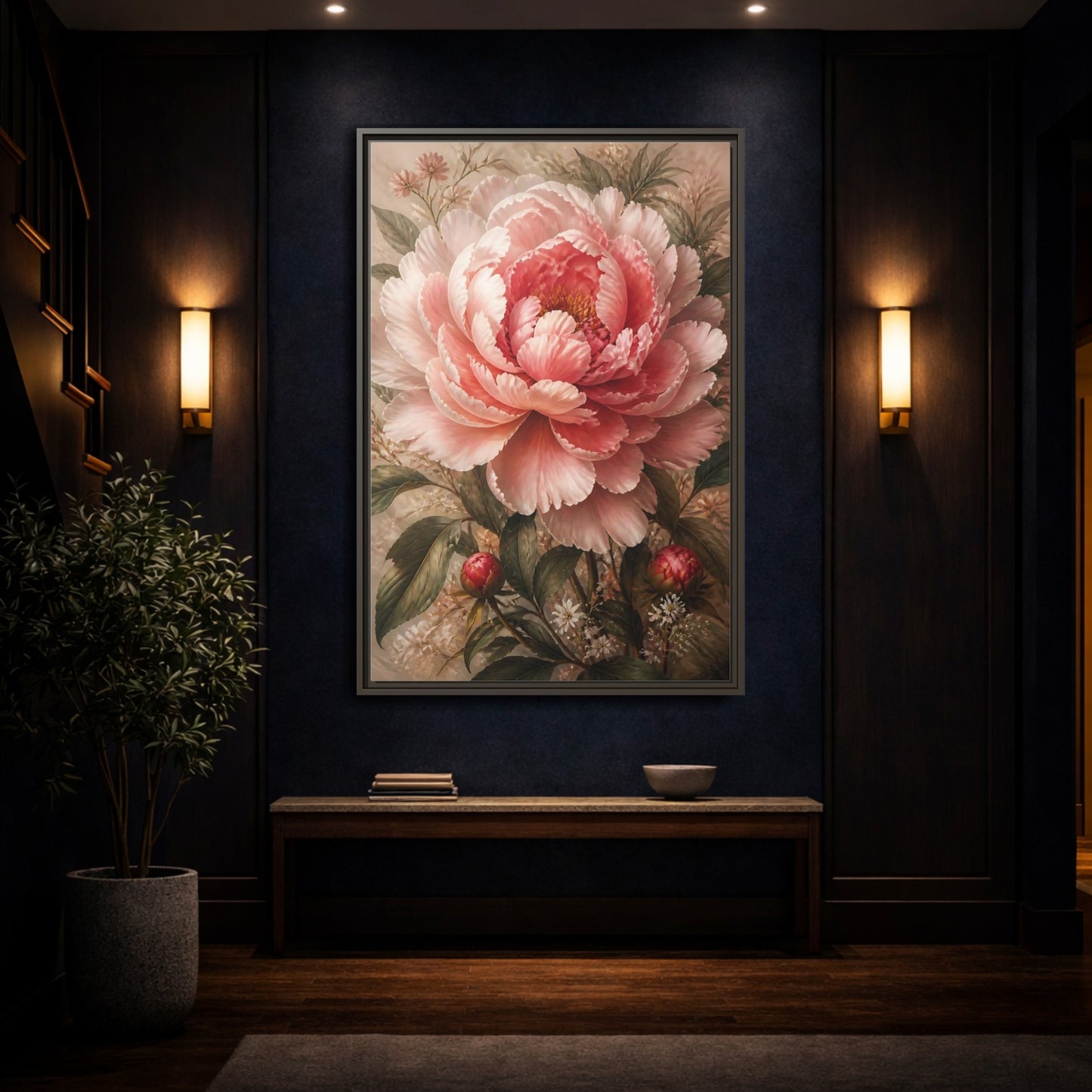 Floral Pink Peony Art Framed Canvas Wall Art - Living Room Above Sofa shown as canvas wall art