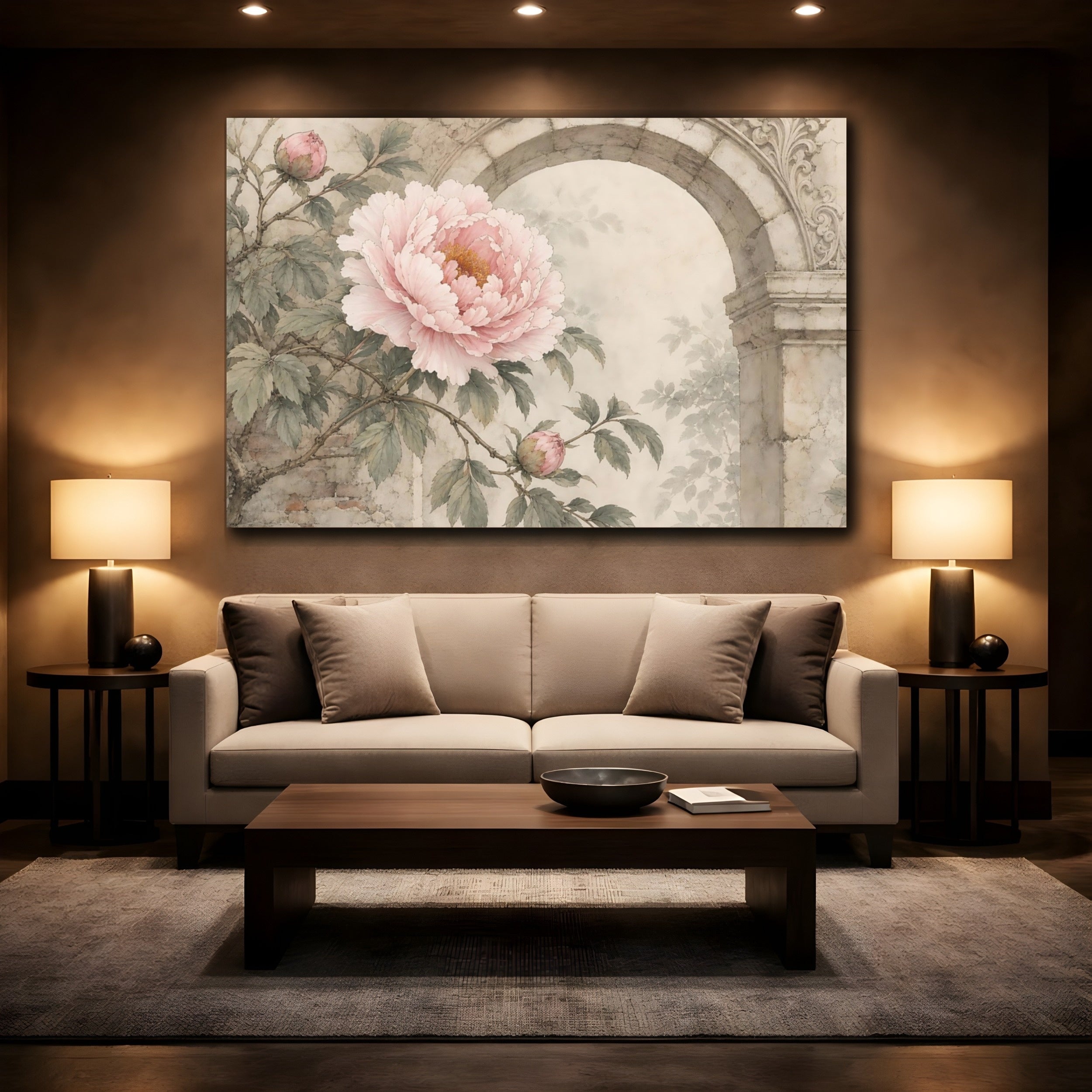 Mockup 2. Floral Pink Peony Pink Peony Vintage shown as stretched canvas wall art