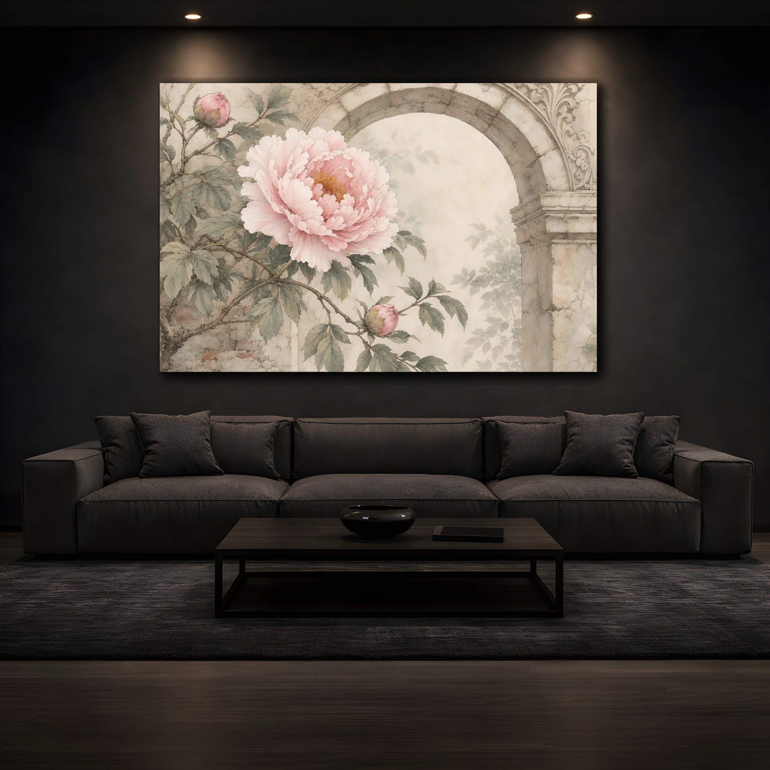 Mockup 3. Floral Pink Peony Pink Peony Vintage shown as stretched canvas wall art