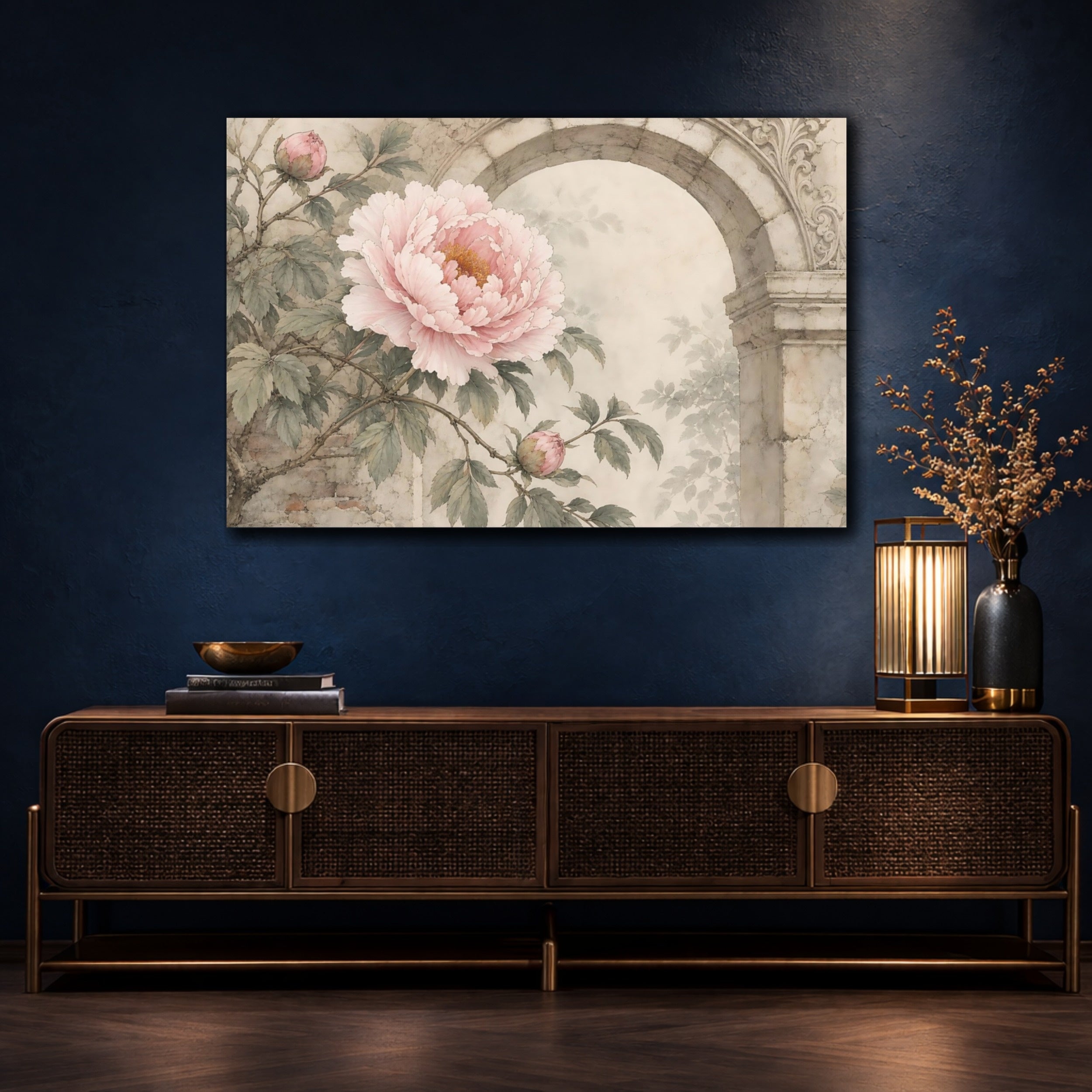 Mockup 4. Floral Pink Peony Pink Peony Vintage shown as stretched canvas wall art