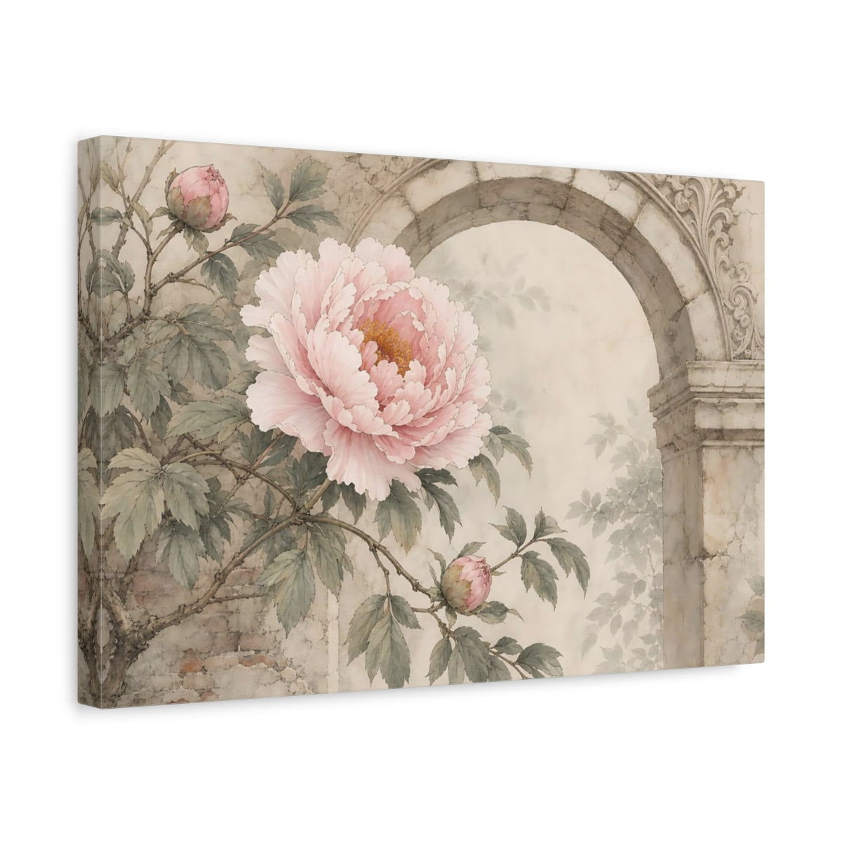 Side Mockup 4. Floral Pink Peony Pink Peony Vintage shown as stretched canvas wall art