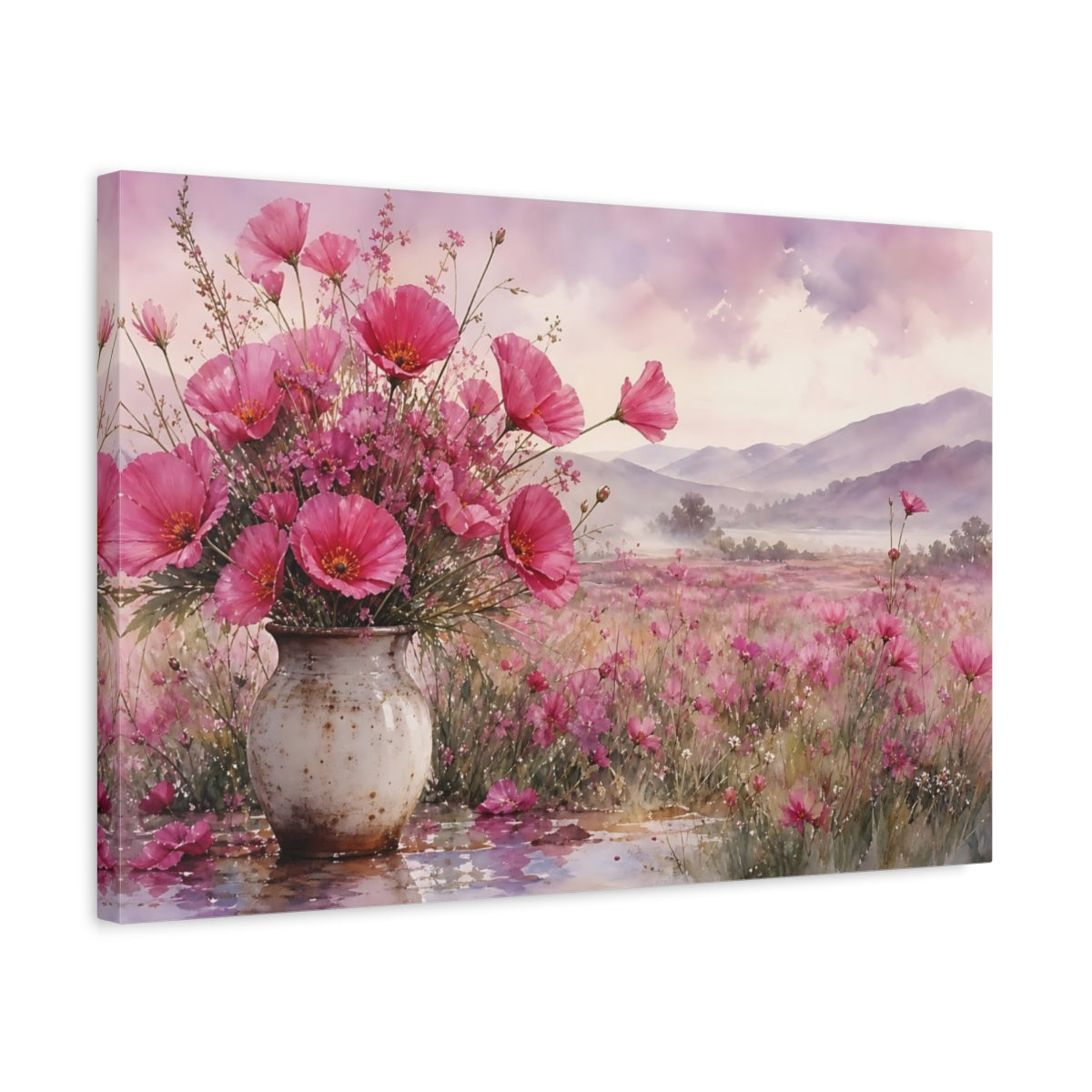 Side Mockup 3. Floral Pink Poppies Pink Floral shown as stretched canvas wall art