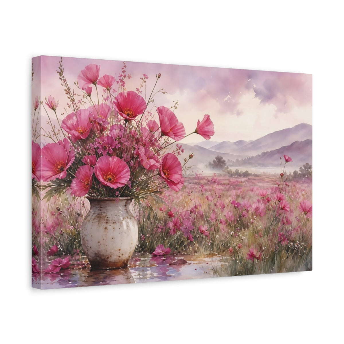 Side Mockup 4. Floral Pink Poppies Pink Floral shown as stretched canvas wall art