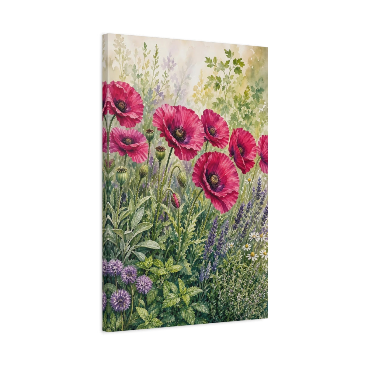 Side Mockup 2. Floral Pink Poppies Pink Poppies Garden shown as stretched canvas wall art