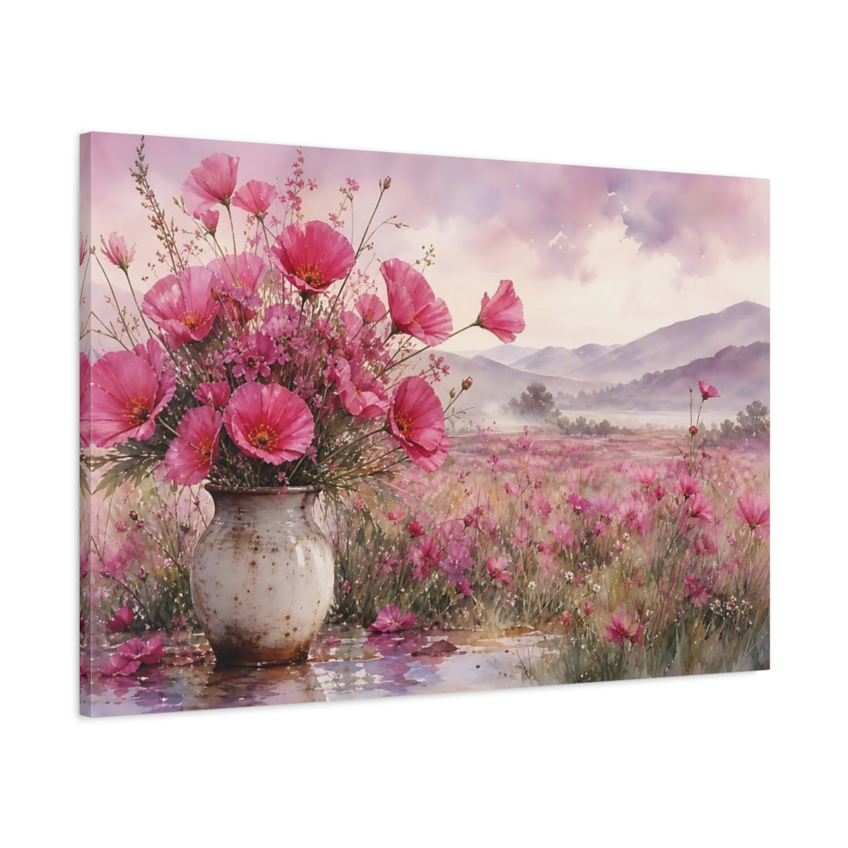 Main Mockup. Floral Pink Poppies Pink Floral shown as stretched canvas wall art