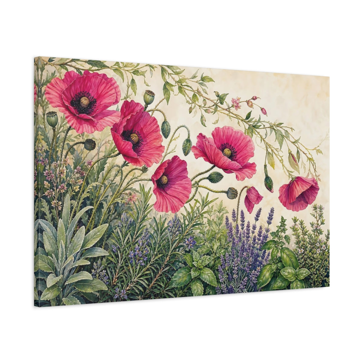 Main Mockup. Floral Pink Poppies Pink Floral shown as stretched canvas wall art