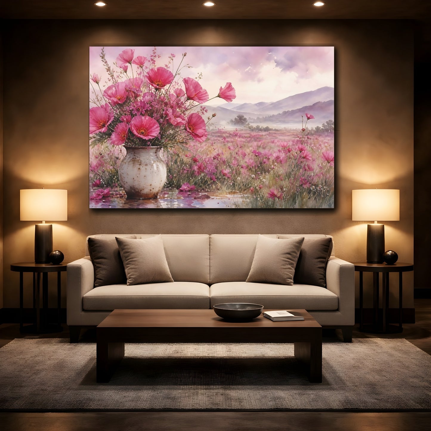 Mockup 2. Floral Pink Poppies Pink Floral shown as stretched canvas wall art