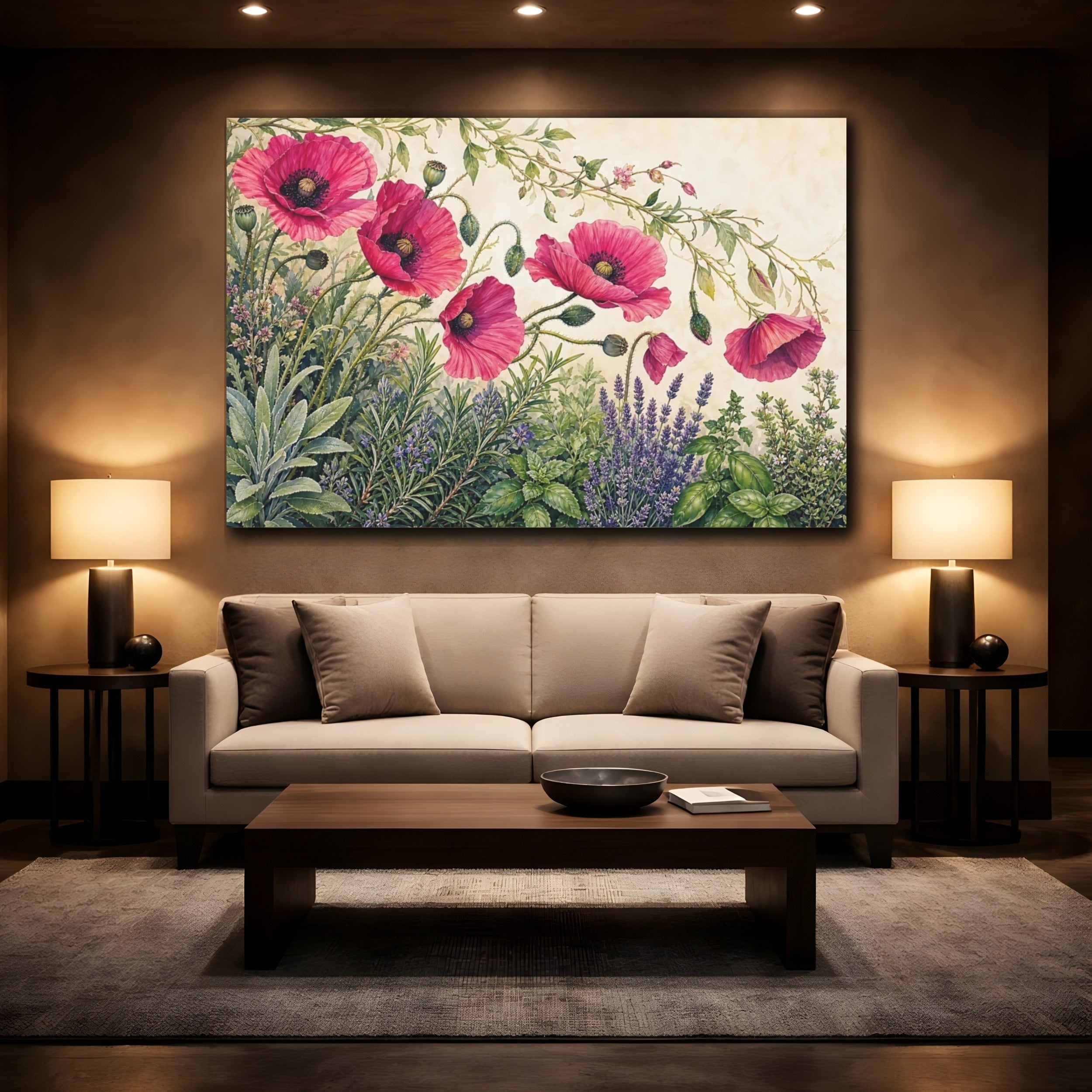 Mockup 2. Floral Pink Poppies Pink Floral shown as stretched canvas wall art