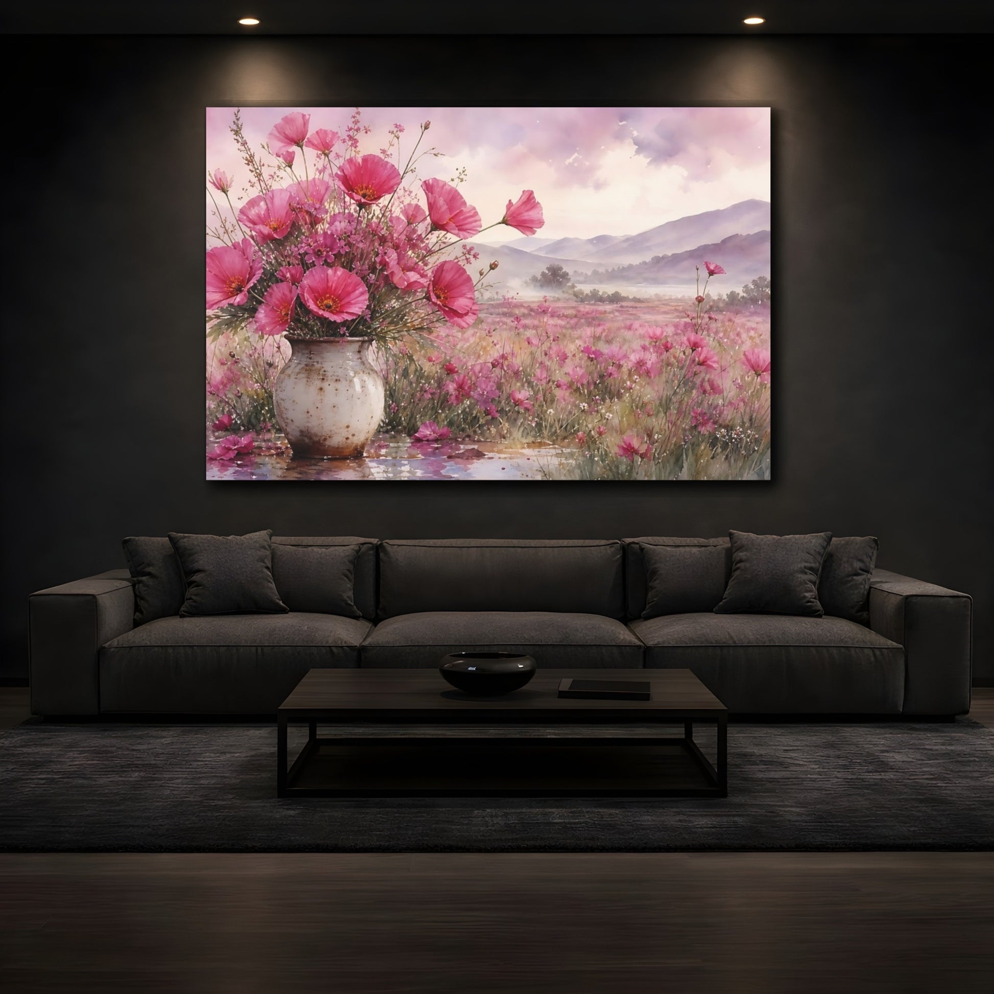 Mockup 3. Floral Pink Poppies Pink Floral shown as stretched canvas wall art