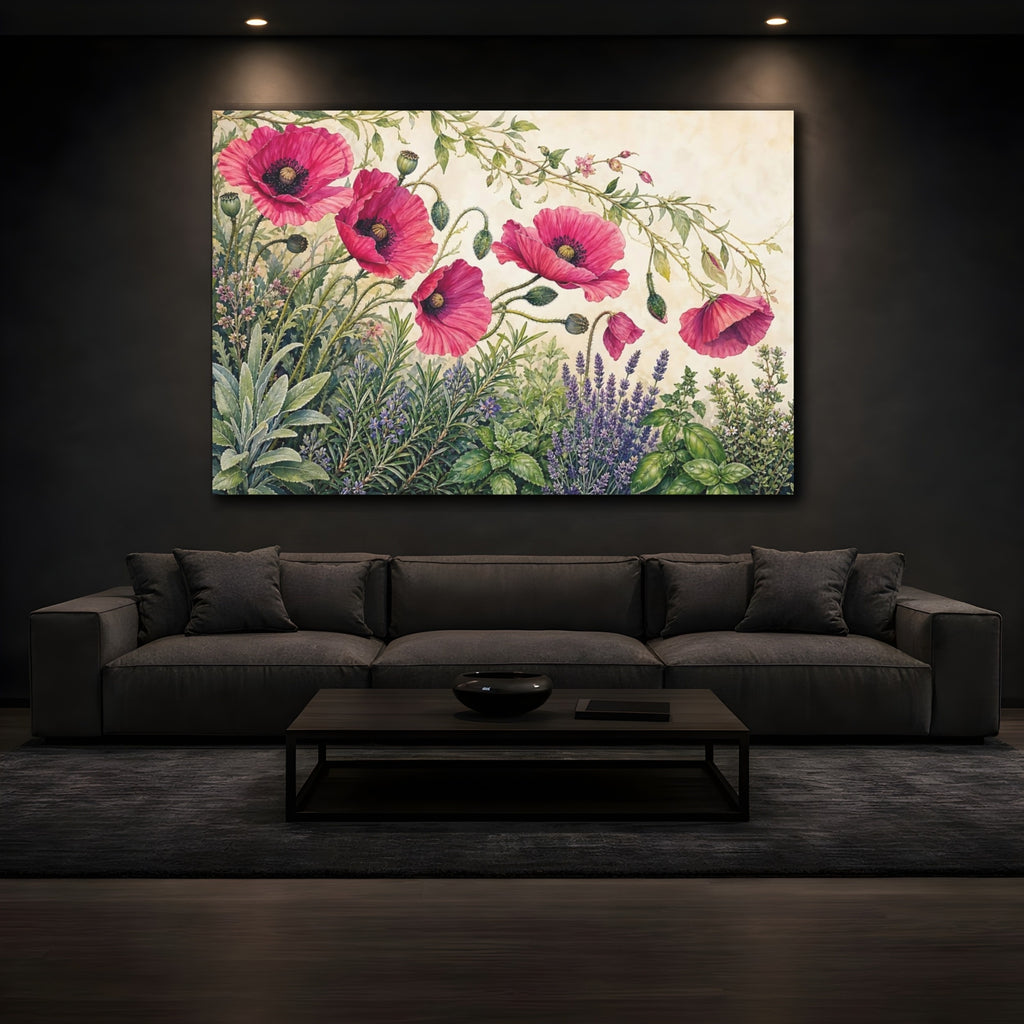 Mockup 3. Floral Pink Poppies Pink Floral shown as stretched canvas wall art
