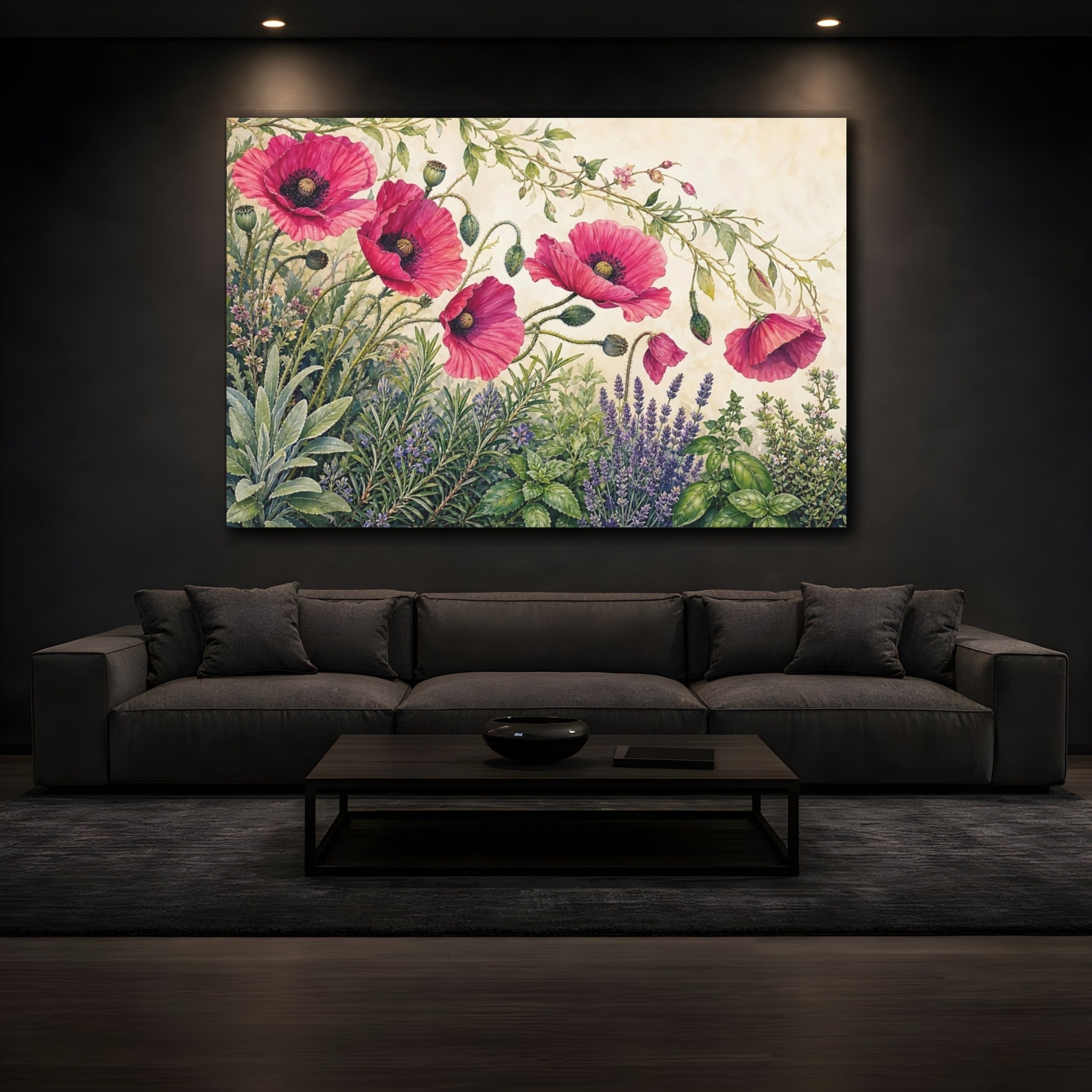 Mockup 3. Floral Pink Poppies Pink Floral shown as stretched canvas wall art
