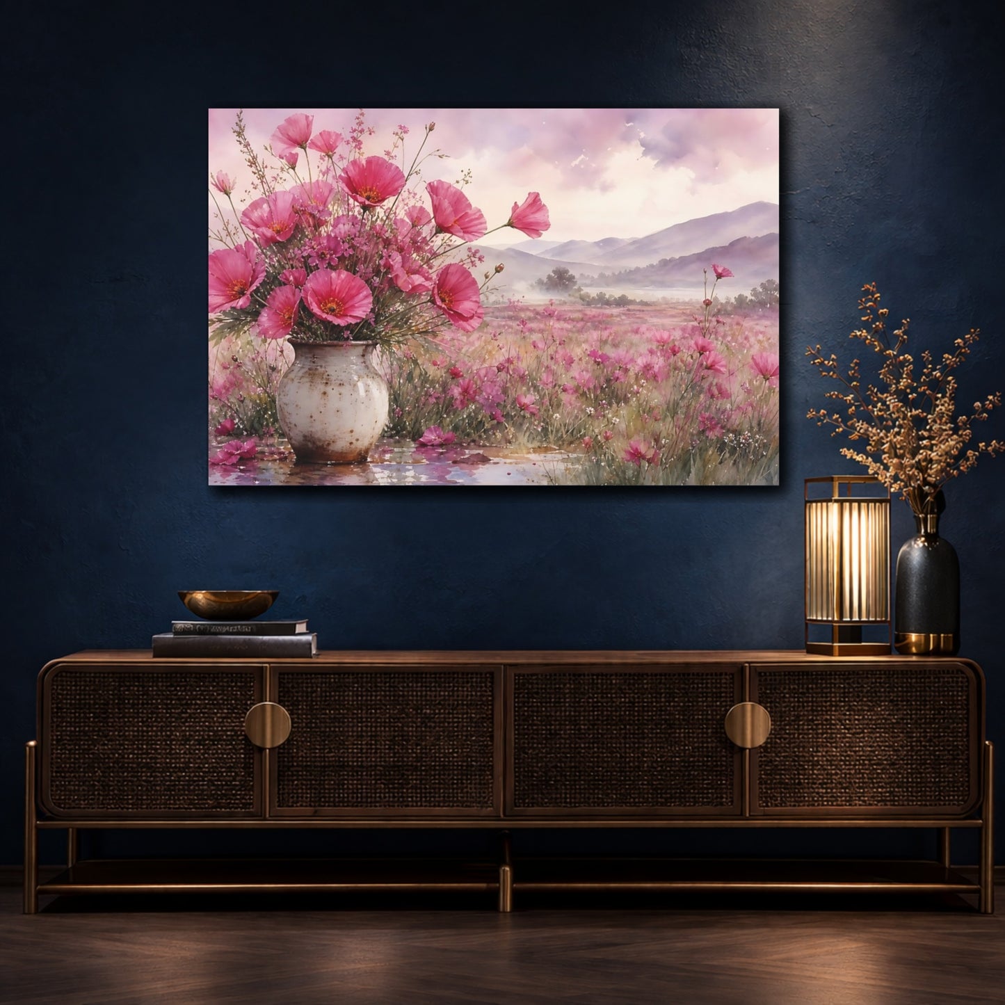 Mockup 4. Floral Pink Poppies Pink Floral shown as stretched canvas wall art
