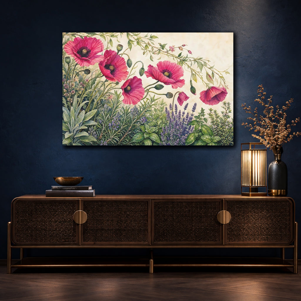 Mockup 4. Floral Pink Poppies Pink Floral shown as stretched canvas wall art
