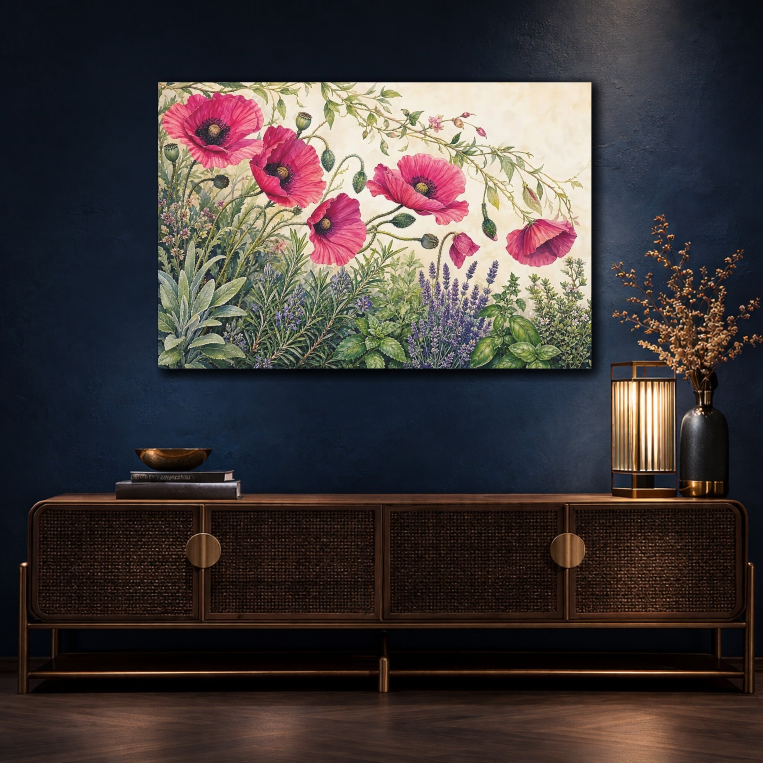 Mockup 4. Floral Pink Poppies Pink Floral shown as stretched canvas wall art
