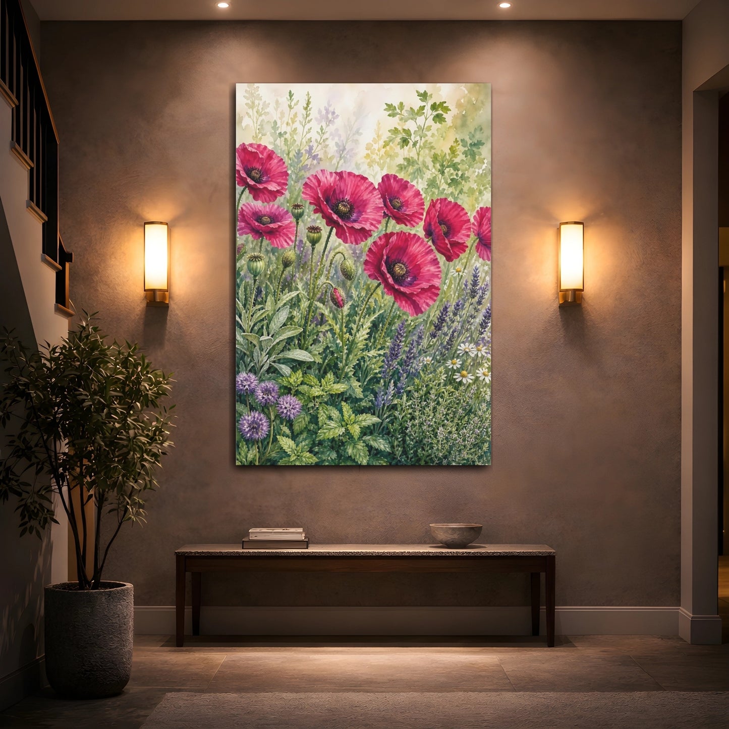 Mockup 2. Floral Pink Poppies Pink Poppies Garden shown as stretched canvas wall art