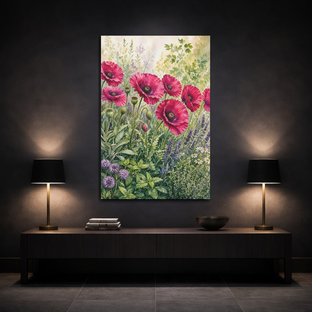 Mockup 3. Floral Pink Poppies Pink Poppies Garden shown as stretched canvas wall art