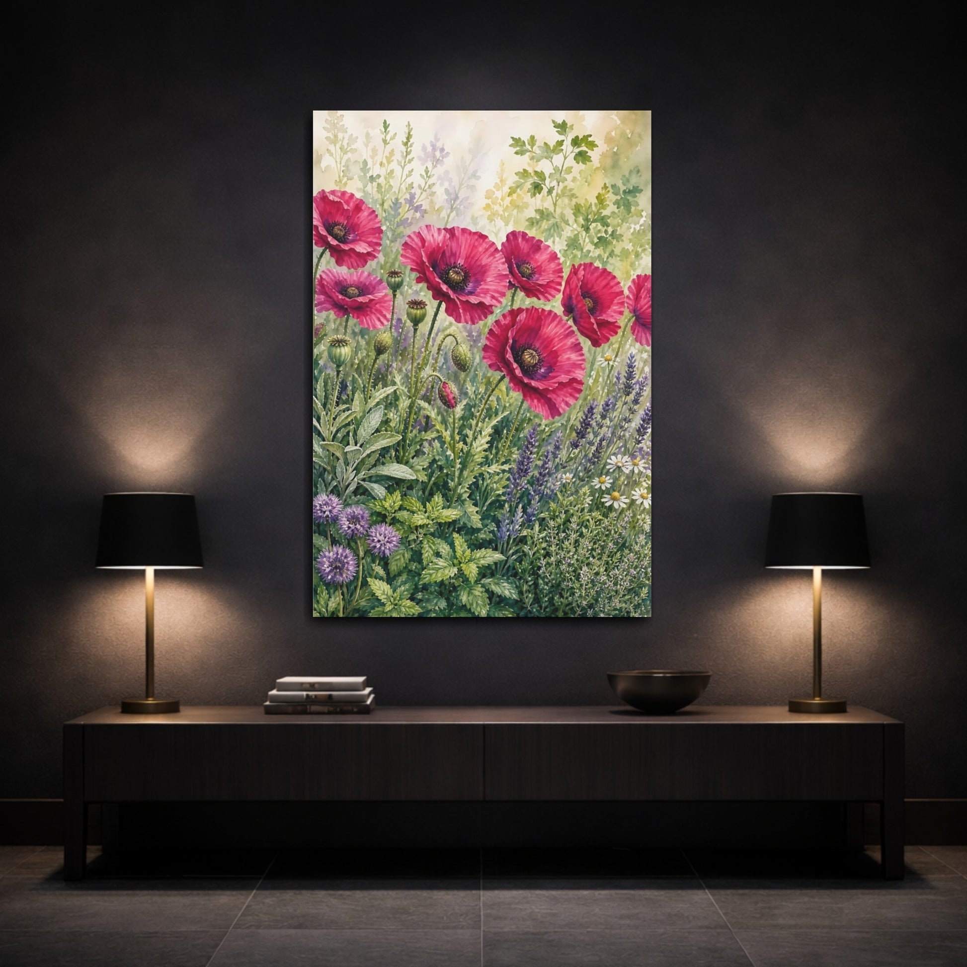 Mockup 3. Floral Pink Poppies Pink Poppies Garden shown as stretched canvas wall art