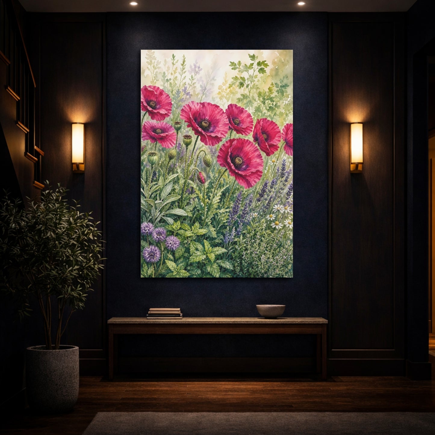 Mockup 4. Floral Pink Poppies Pink Poppies Garden shown as stretched canvas wall art