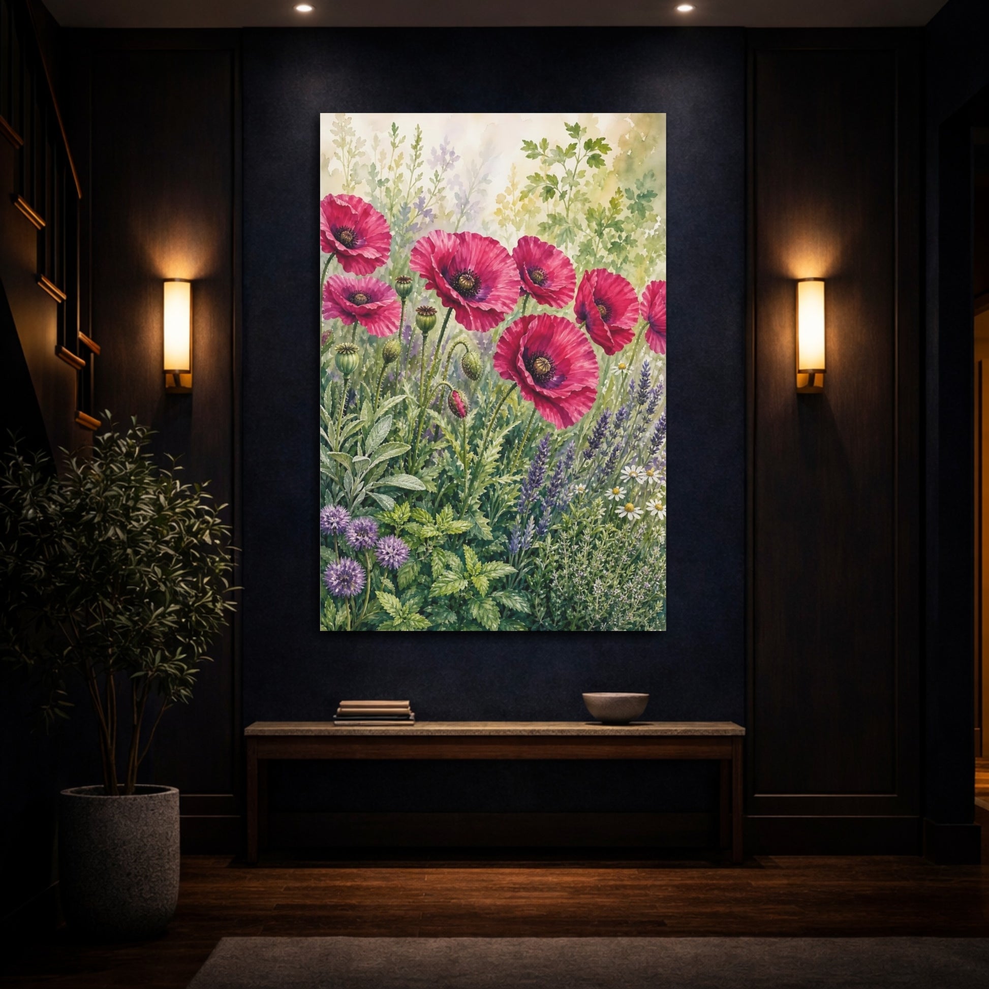 Mockup 4. Floral Pink Poppies Pink Poppies Garden shown as stretched canvas wall art