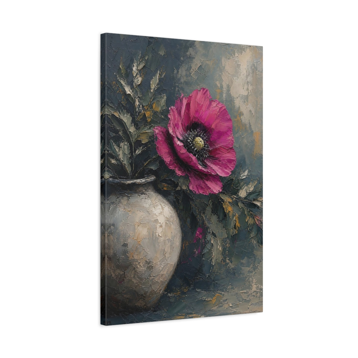 Side Mockup 2. Floral Pink Poppy Pink Poppy Floral shown as stretched canvas wall art