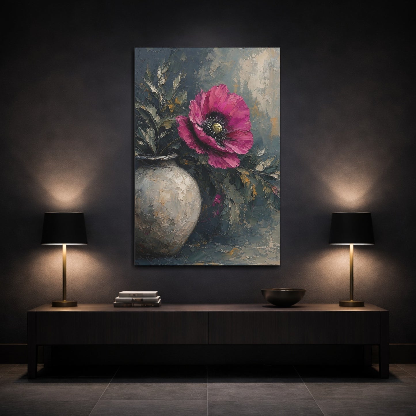 Mockup 3. Floral Pink Poppy Pink Poppy Floral shown as stretched canvas wall art