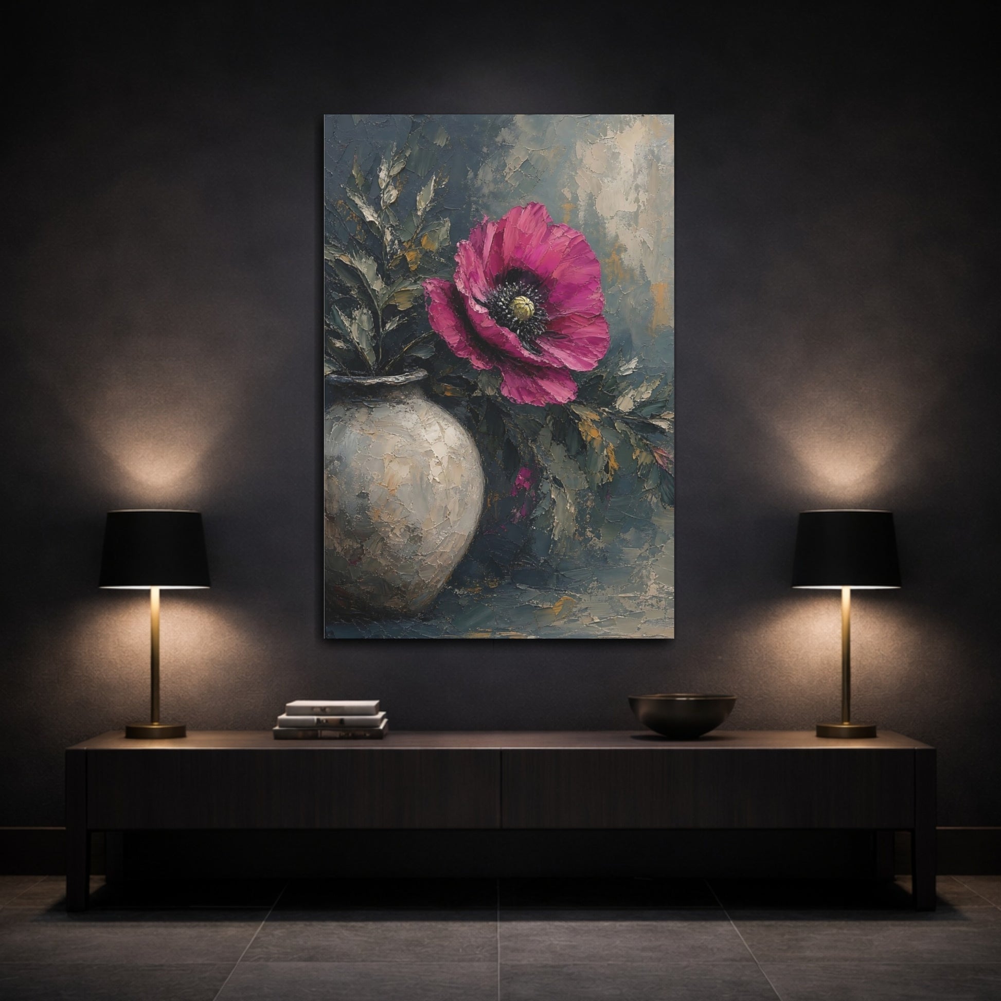 Mockup 3. Floral Pink Poppy Pink Poppy Floral shown as stretched canvas wall art