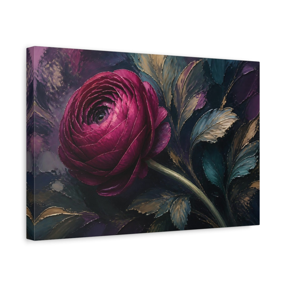 Side Mockup 4. Floral Pink Ranunculus Pink And Gold shown as stretched canvas wall art