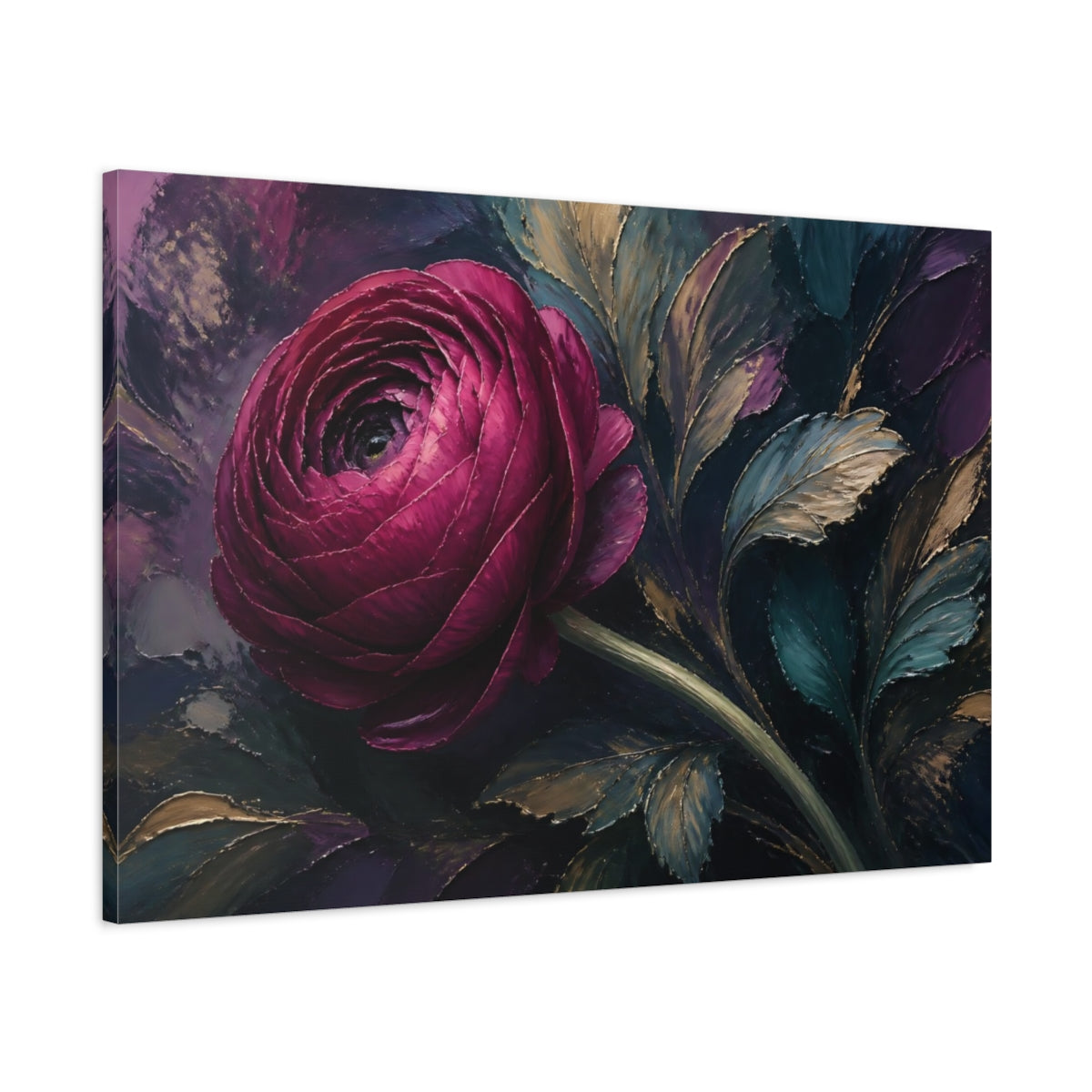 Main Mockup. Floral Pink Ranunculus Pink And Gold shown as stretched canvas wall art