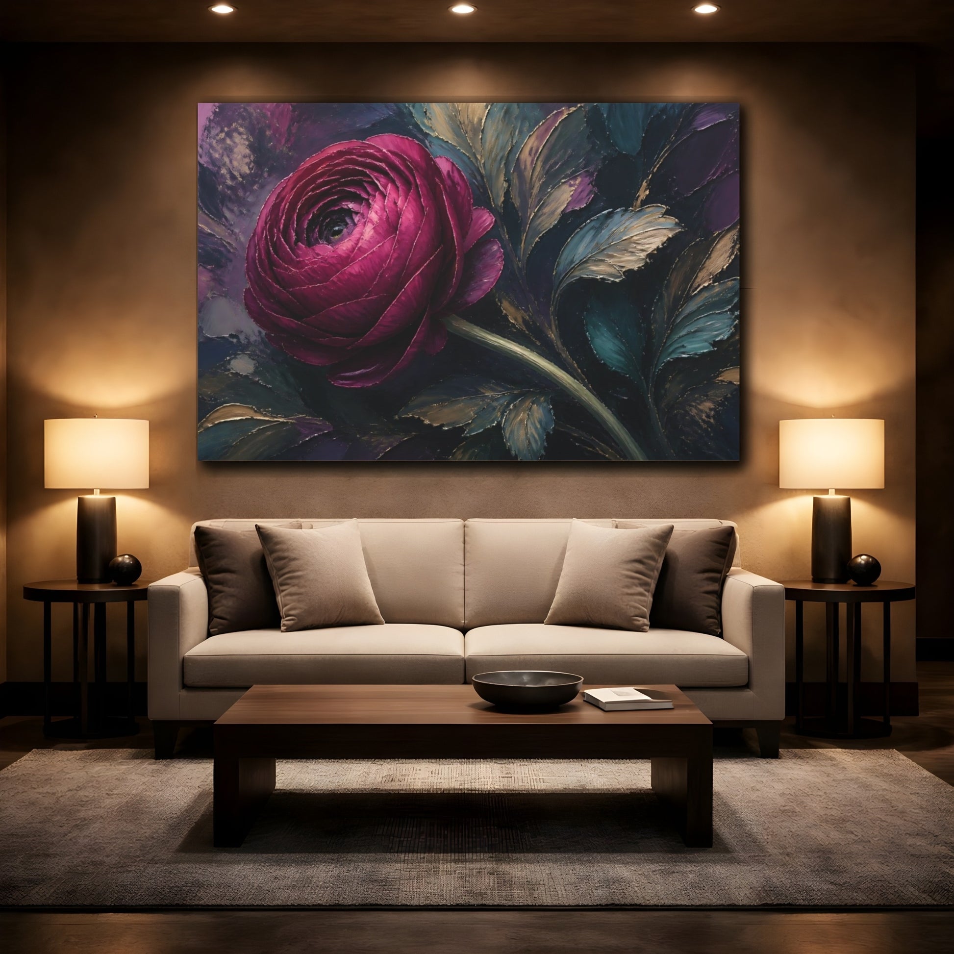 Mockup 2. Floral Pink Ranunculus Pink And Gold shown as stretched canvas wall art