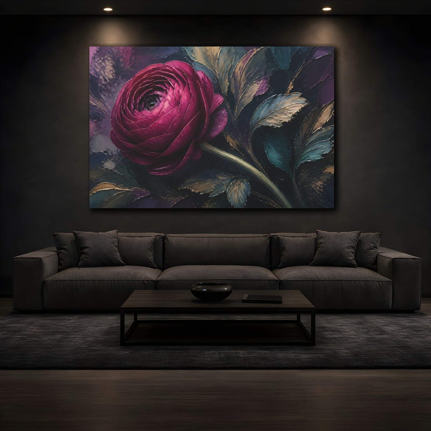 Mockup 3. Floral Pink Ranunculus Pink And Gold shown as stretched canvas wall art