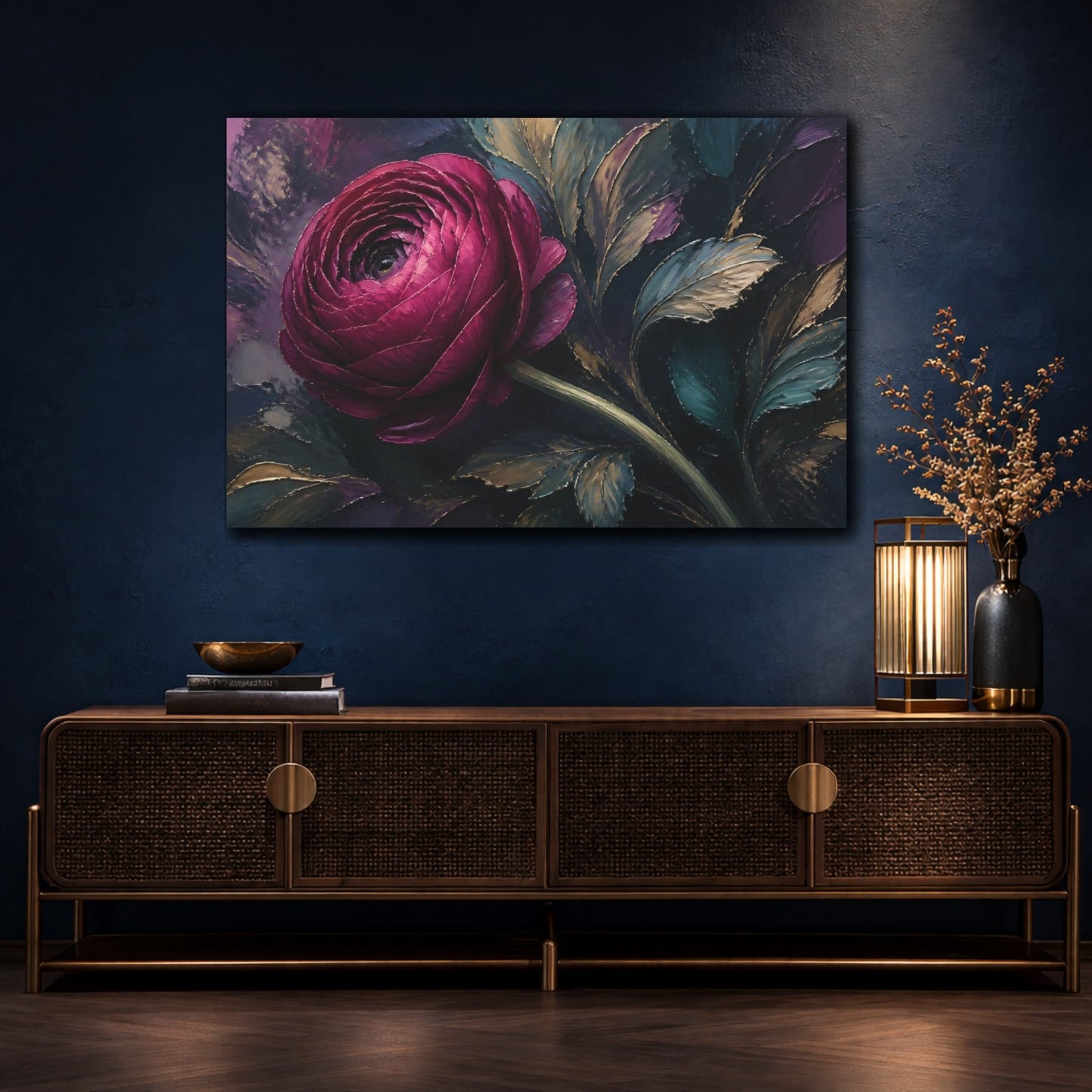 Mockup 4. Floral Pink Ranunculus Pink And Gold shown as stretched canvas wall art