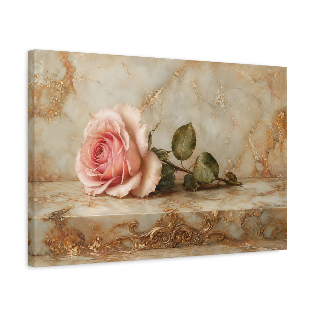 Side Mockup 3. Floral Pink Rose Pink And Gold shown as stretched canvas wall art