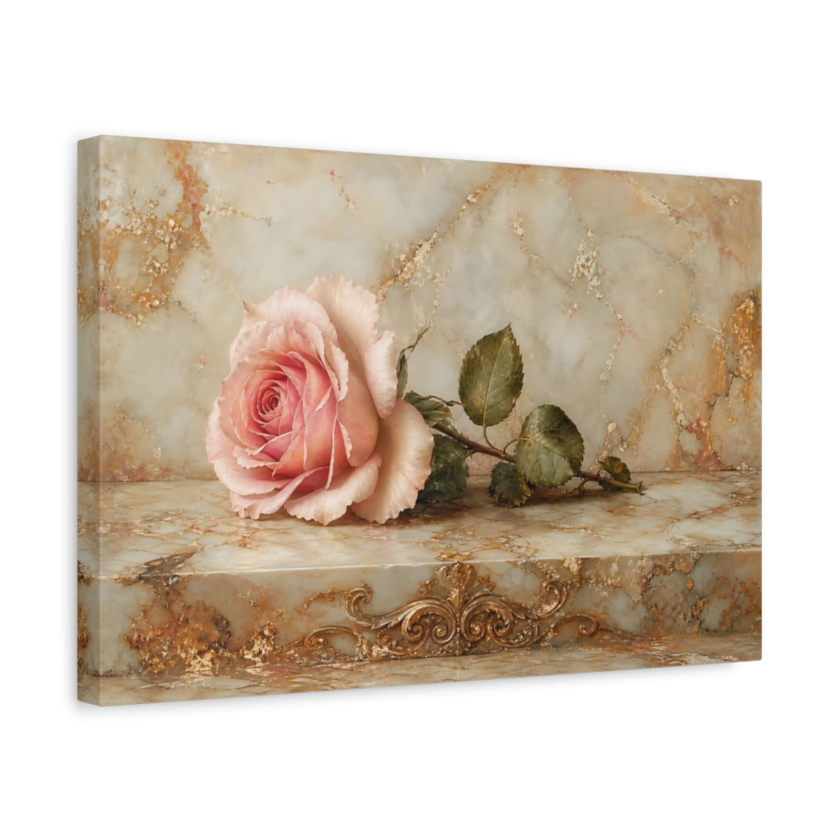 Side Mockup 4. Floral Pink Rose Pink And Gold shown as stretched canvas wall art
