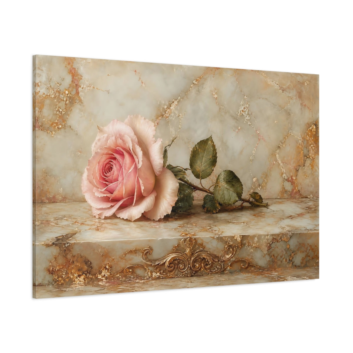 Side Mockup 1. Floral Pink Rose Pink And Gold shown as stretched canvas wall art