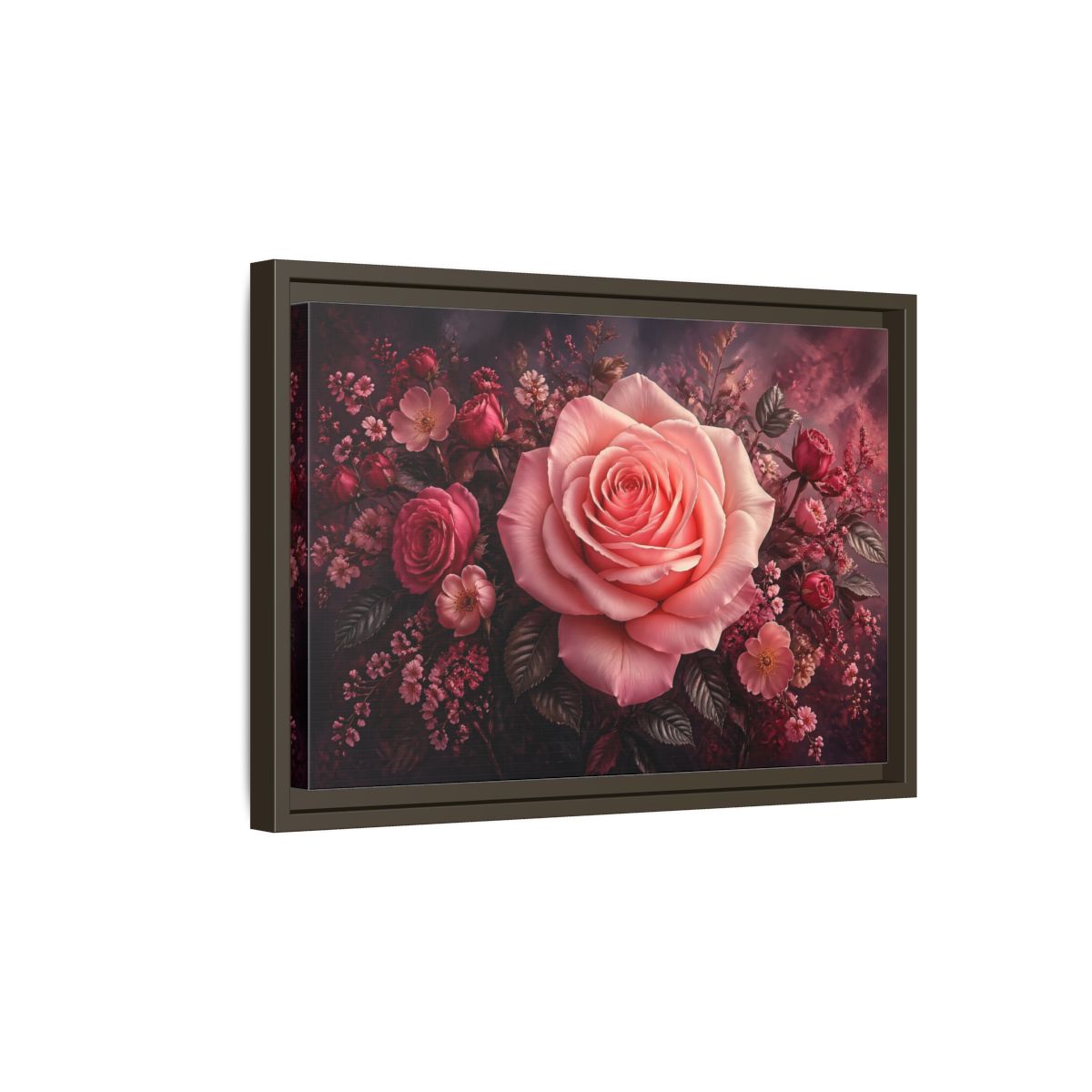Side Mockup 5. Floral Pink Rose Pink Floral shown as stretched canvas wall art