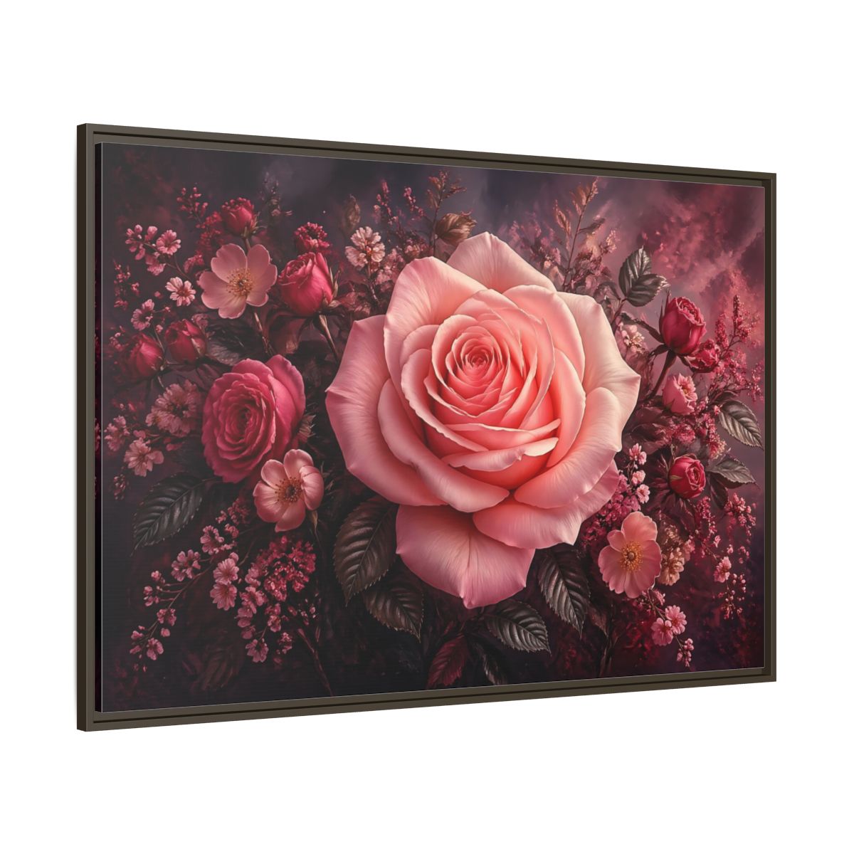 Side Mockup 8. Floral Pink Rose Pink Floral shown as stretched canvas wall art